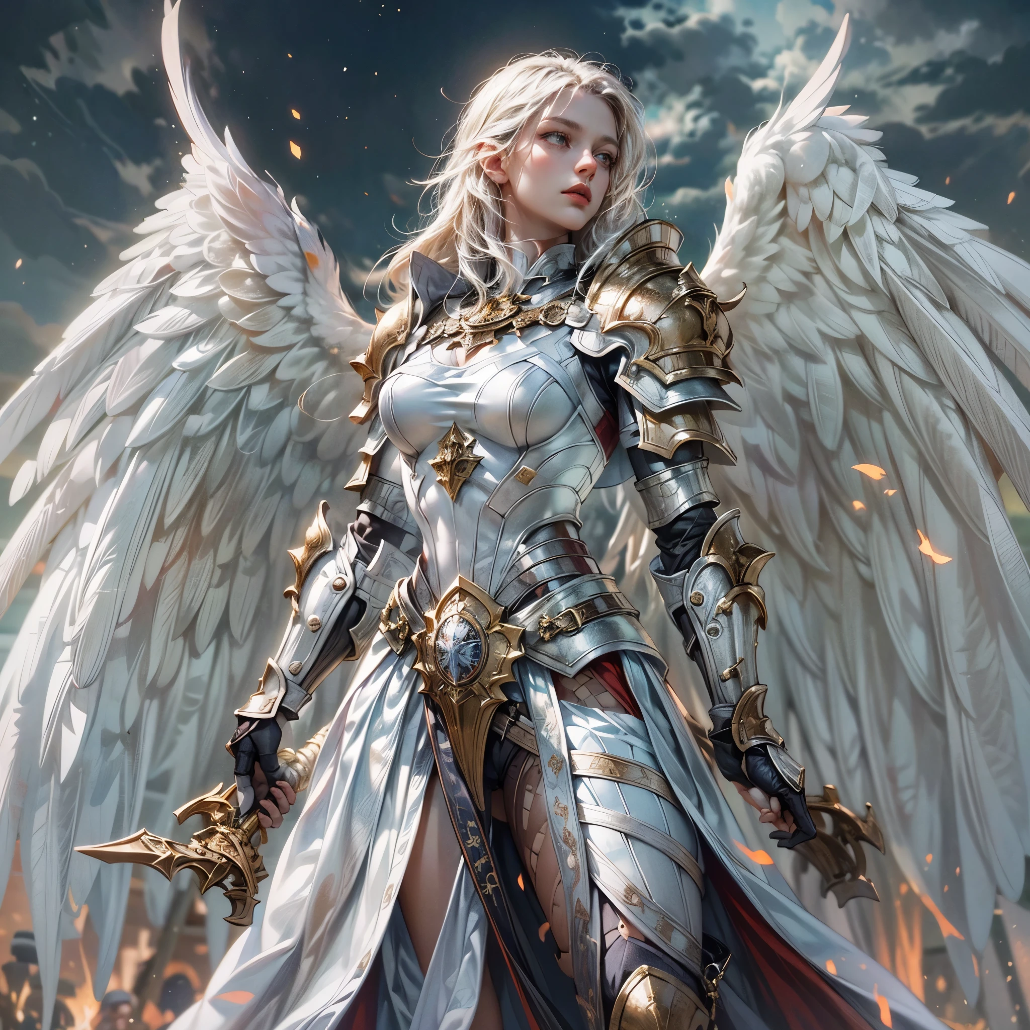 16K, ultra detailed, masterpiece, best quality, (extremely detailed), arafed, dnd art, portrait, full body, aasimar, female, (Masterpiece 1.3, intense details), female, paladin, holy warrior fighting undead (Masterpiece 1.3, intense details) large angelic wings, white angelic wings spread (Masterpiece 1.3, intense details), dark fantasy cemetery background, moon light, moon, stars, clouds, wearing white armor (Masterpiece 1.3, intense details), holy symbol, armed with sword, short blond hair, masculine, detailed face, (Masterpiece 1.5, best quality), anatomically correct (Masterpiece 1.3, intense details), angel_wings, determined face, god rays, cinematic lighting, glowing light, silhouette, from outside, photorealism, panoramic view  (Masterpiece 1.3, intense details) , Wide-Angle, Ultra-Wide Angle, 8k, highres, best quality, high details