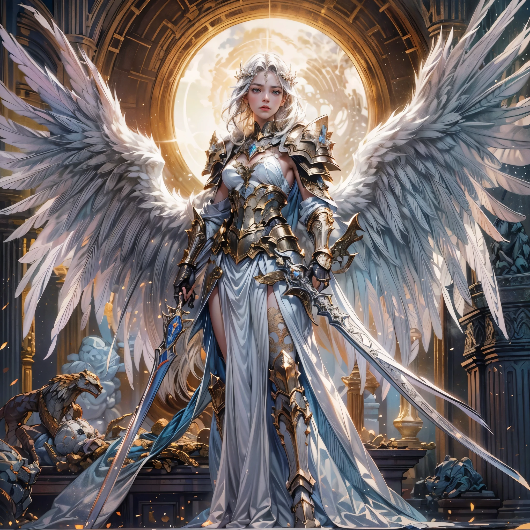 16K, ultra detailed, masterpiece, best quality, (extremely detailed), arafed, dnd art, portrait, full body, aasimar, female, (Masterpiece 1.3, intense details), female, paladin, holy warrior fighting undead (Masterpiece 1.3, intense details) large angelic wings, white angelic wings spread (Masterpiece 1.3, intense details), dark fantasy cemetery background, moon light, moon, stars, clouds, wearing white armor (Masterpiece 1.3, intense details), holy symbol, armed with sword, short blond hair, masculine, detailed face, (Masterpiece 1.5, best quality), anatomically correct (Masterpiece 1.3, intense details), angel_wings, determined face, god rays, cinematic lighting, glowing light, silhouette, from outside, photorealism, panoramic view  (Masterpiece 1.3, intense details) , Wide-Angle, Ultra-Wide Angle, 8k, highres, best quality, high details