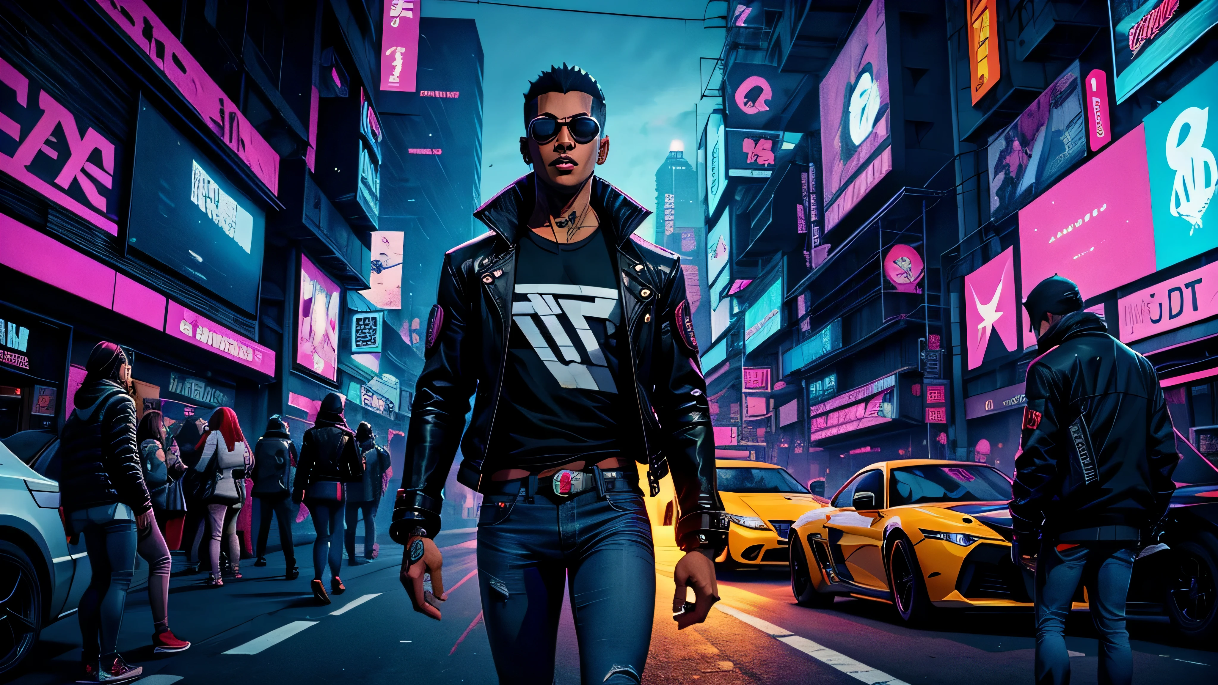 garoto de anime, roupa preta jeans, Ciberpunk, cenario futurista, carros, pessoas em volta