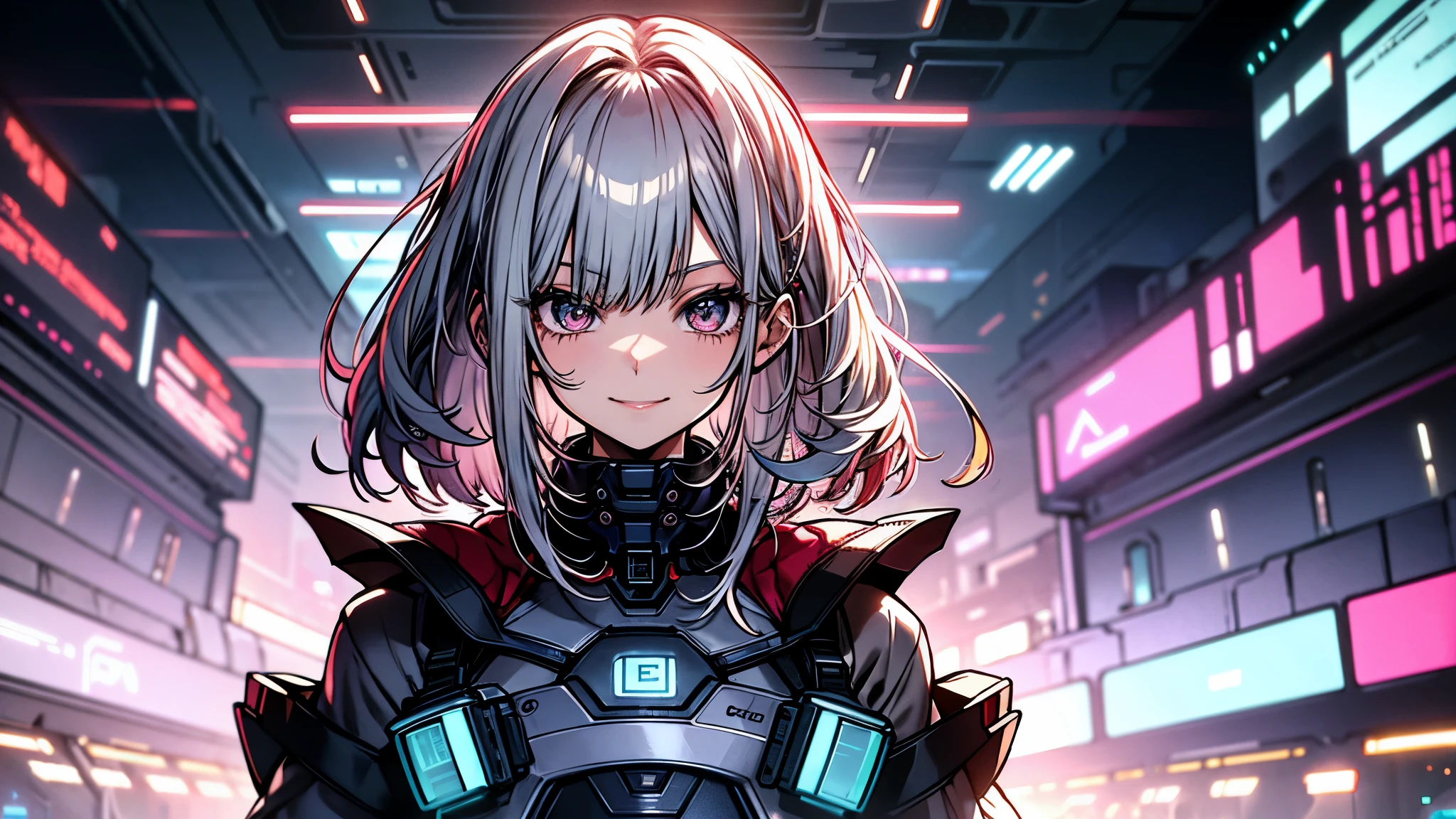 absurd resolution, high resolution, (mesa: 1.4), hiperdetalle, Silver-haired young woman dressed as a technician,Tono rojo de los ojos.、Ojos de tono morado sonrojados.、smiling expression, blue neon、Being in blue cyber space
