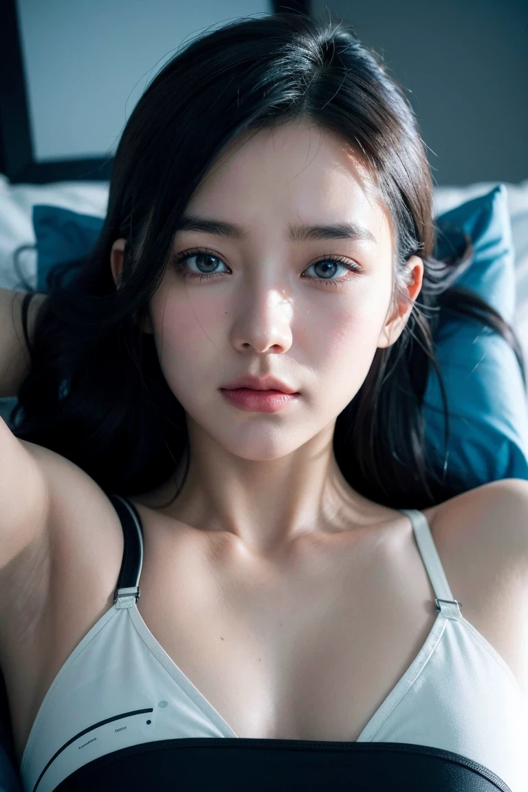 (Realistic, photo-realistic:1.37),(8K, RAW photo, Best quality, Masterpiece:1.2), Cute, Ultra-detailed,Heart-shaped pupils,Physically-based rendering, 超高分辨率, view the viewer,Photorealistic,Realistic, Solo, Photorealistic, Best quality,Extremely detailed face,Extremely detailed eyes and face, Beautiful detailed eyes,absurderes, unbelievable Ridiculous,haunting smile,childish looks,20yr old，Flawless Face，Large chest，Messy hair, Floating hair,PureErosFace_V1:0.2, full bodyesbian，((Lying on her back in bed))，Hands raised，asking for a hug，White color blouse，The chest is exposed，The button is not buttoned，nabel，Open your mouth slightly，Smile，Looking at the ceiling，Look into the camera