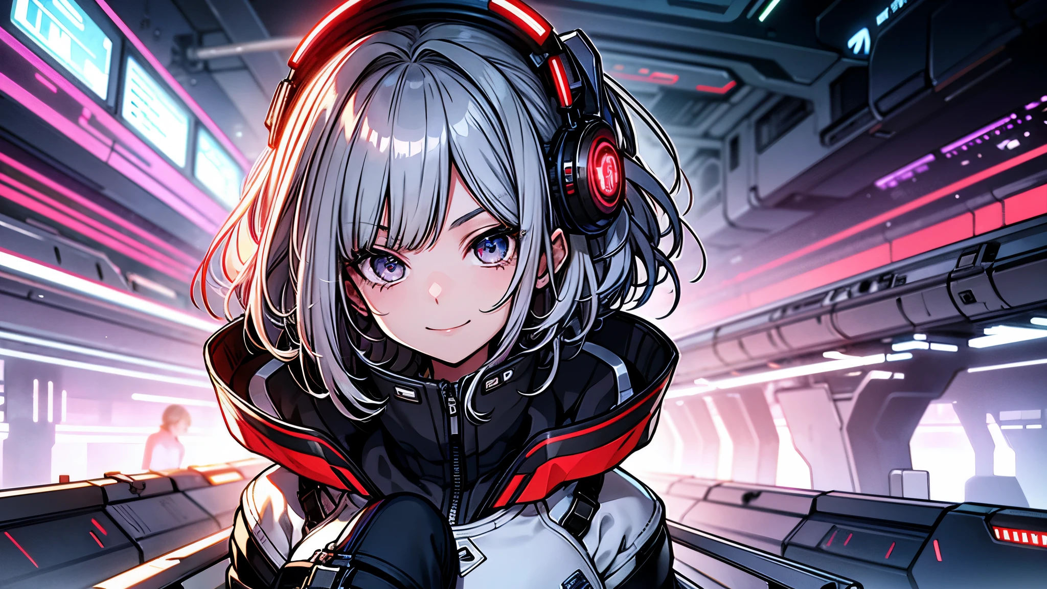absurd resolution, high resolution, (mesa: 1.4), hiperdetalle, Silver-haired young woman dressed as a technician,Tono rojo de los ojos.、Ojos de tono morado sonrojados.、smiling expression, blue neon、Being in blue cyber space