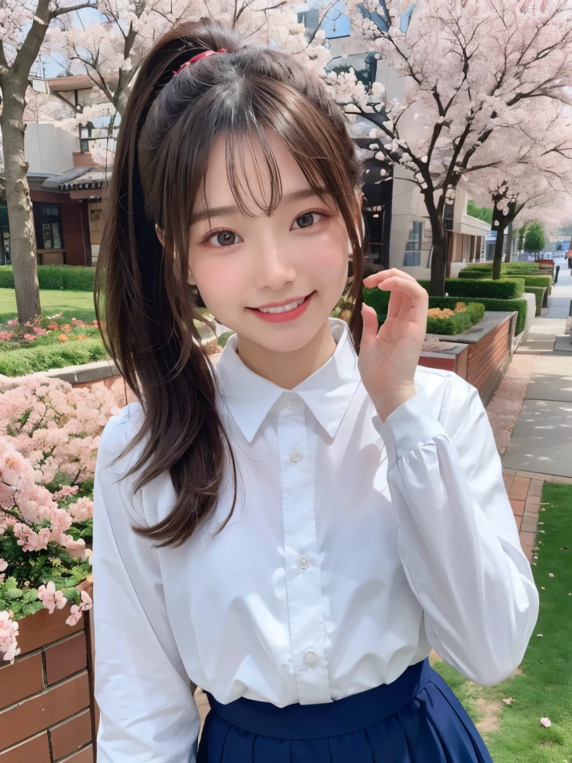 highest quality、8K、ultra high resolution、Super detailed face and eyes、Highly detailed face and skin texture、glowing skin、shiny skin、master piece:1.3、1 girl、A beautiful woman with slim abs as an accent、super detail face、delicate eyes、double eyelid、full shot、ponytail、短めponytail、20-year-old、brown hair、A sloppy smile、Smile with your teeth out、long sleeve、skirt、forest