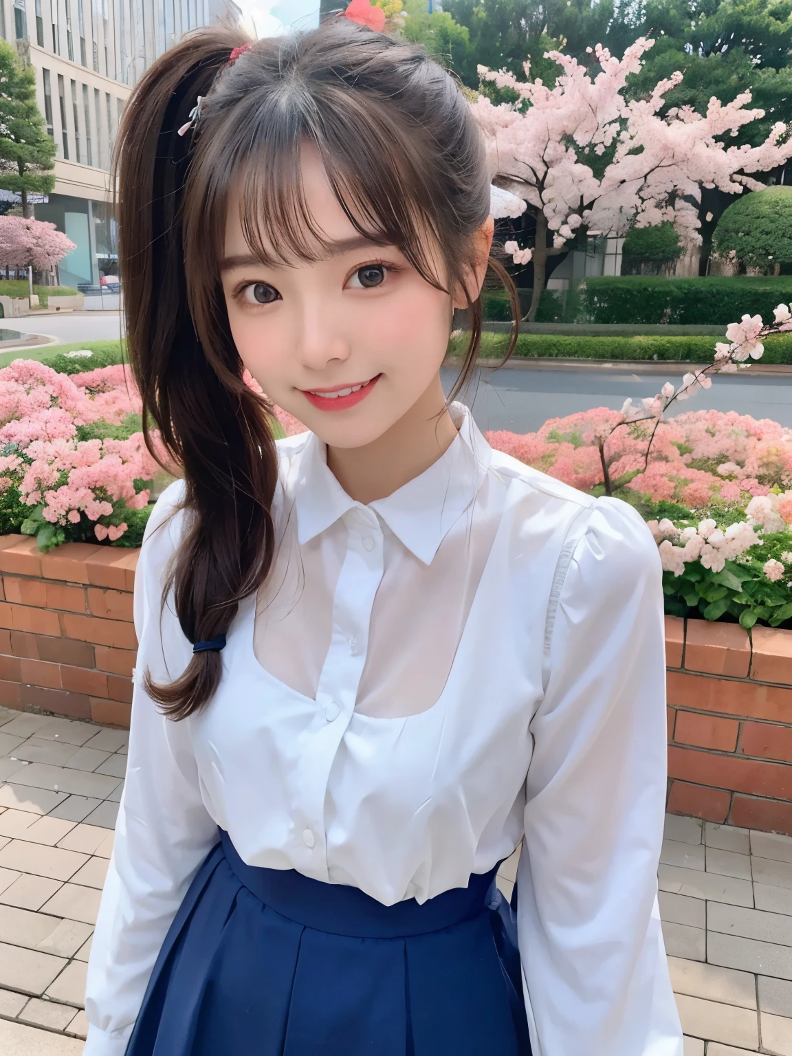 highest quality、8K、ultra high resolution、Super detailed face and eyes、Highly detailed face and skin texture、glowing skin、shiny skin、master piece:1.3、1 girl、super detail face、delicate eyes、double eyelid、whole body、full shot、ponytail、短めponytail、20-year-old、brown hair、A sluggish smile、smile with teeth showing、long sleeve、skirt、cherry blossoms