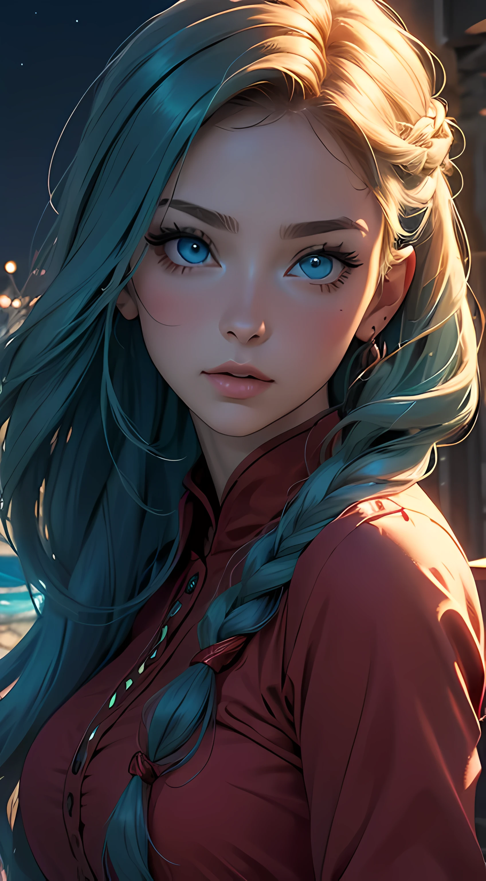 (masterpiece),best quality, cute girl, gorgeous, cute girl, perfect face, expressive eyes, (((extreme shading, semi-realistic, perfect light))), ((night, cozy, warm colors)), red dress, sensual, braid, detailed hair, amazing hair, 4k, stunning eyes, green hair, blue eyes, semi-realistic, gentle, feminine, delicate, ephemeral,(soft), ultra-detailed, vivid colors, abstract background, elegant, class, BREAK she is embarassed, she is blushing, she is beauitful, cute image, the image has dramatic light, the girl has soft hair