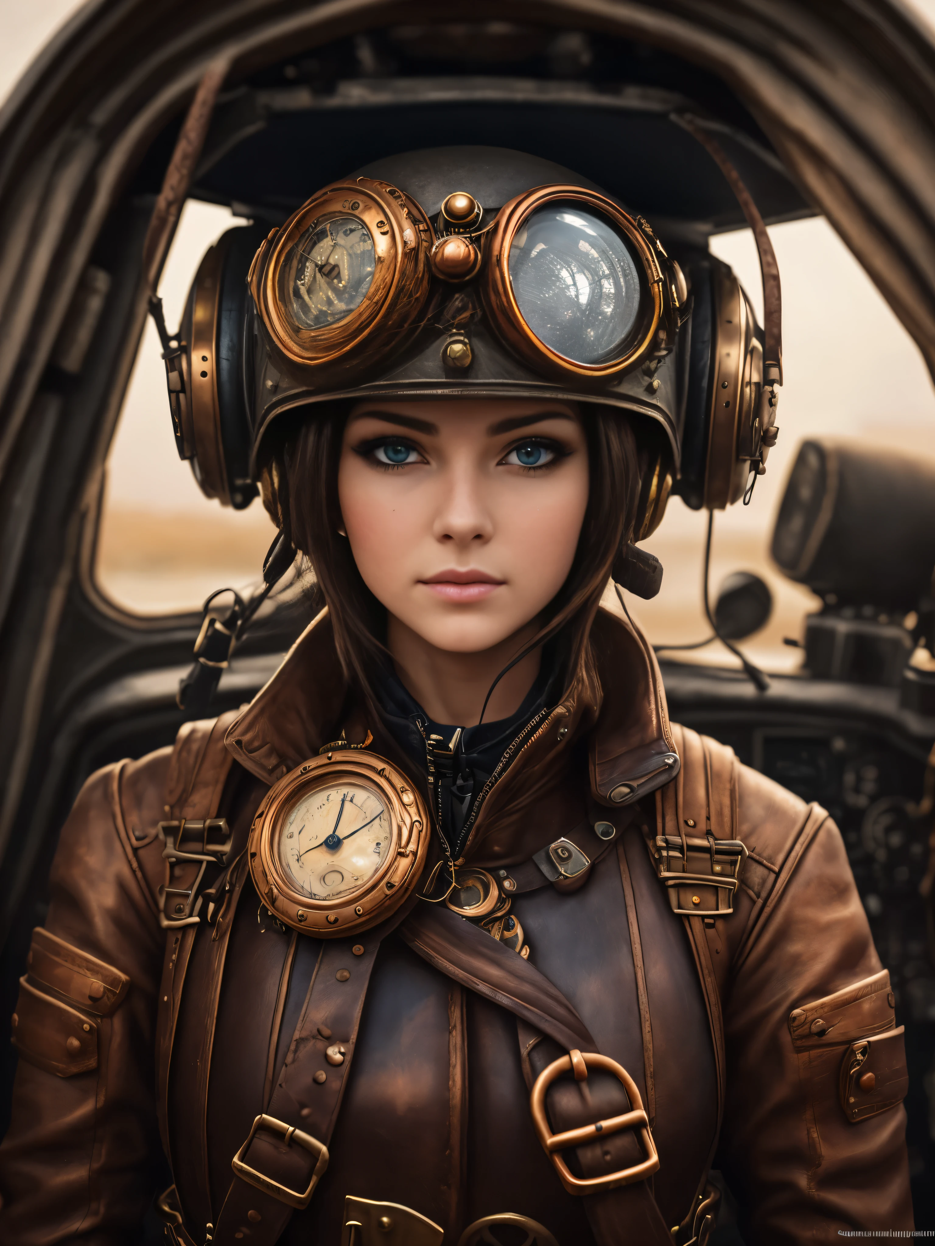 Stunning steampunk capsule pilot girl looks at the camera in an ingenious and complex hyper-detailed cockpit, fechar-se, roupas reais e bem usadas, couro, muito metal, cobre e bronze, tight space, Cinematic lighting, Profundidade de campo,