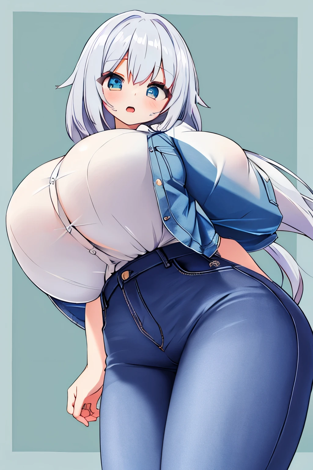 Anime girl with long white hair, blank whitet-shirt, blue jeans shorts, 18, gigantic breasts, vore