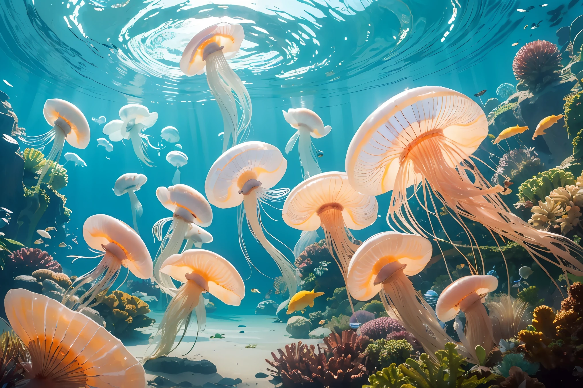 masterpiece, best quality, Jellyfish, invertebrates, flat color, oil painting style