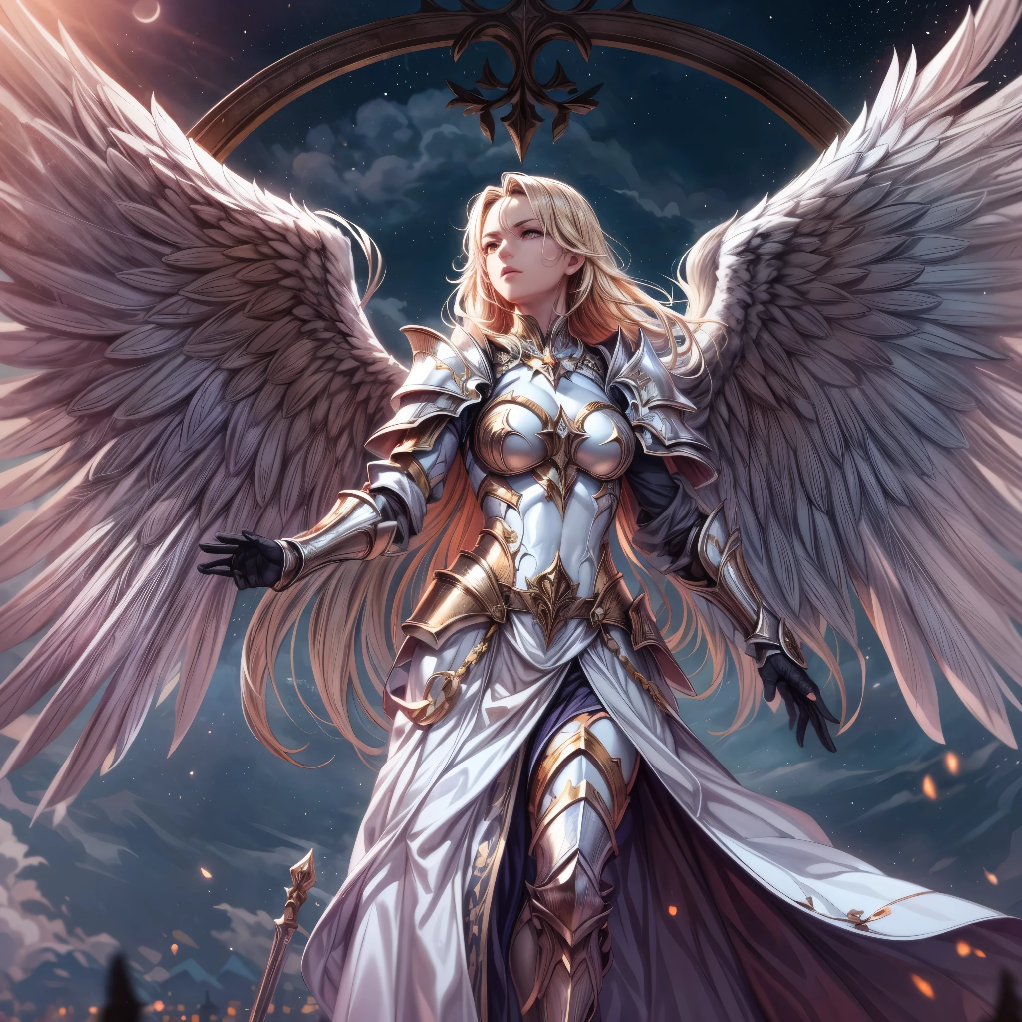 16K, ultra detailed, masterpiece, best quality, (extremely detailed), arafed, dnd art, portrait, full body, aasimar, female, (Masterpiece 1.3, intense details), female, paladin, holy warrior fighting undead (Masterpiece 1.3, intense details) large angelic wings, white angelic wings spread (Masterpiece 1.3, intense details), dark fantasy cemetery background, moon light, moon, stars, clouds, wearing white armor (Masterpiece 1.3, intense details), holy symbol, armed with sword, short blond hair, masculine, detailed face, (Masterpiece 1.5, best quality), anatomically correct (Masterpiece 1.3, intense details), angel_wings, determined face, god rays, cinematic lighting, glowing light, silhouette, from outside, photorealism, panoramic view  (Masterpiece 1.3, intense details) , Wide-Angle, Ultra-Wide Angle, 8k, highres, best quality, high details