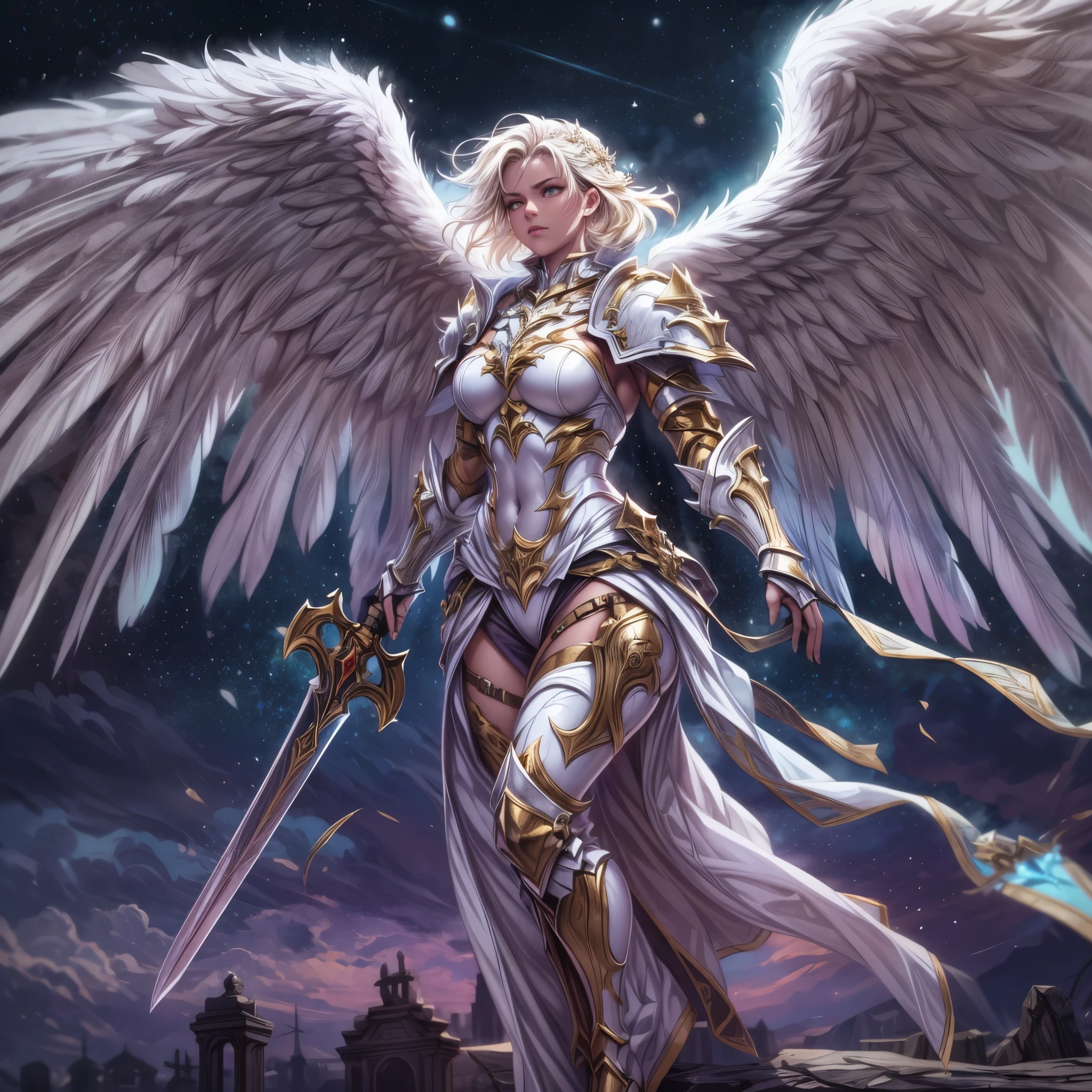 16K, ultra detailed, masterpiece, best quality, (extremely detailed), arafed, dnd art, portrait, full body, aasimar, female, (Masterpiece 1.3, intense details), female, paladin, holy warrior fighting undead (Masterpiece 1.3, intense details) large angelic wings, white angelic wings spread (Masterpiece 1.3, intense details), dark fantasy cemetery background, moon light, moon, stars, clouds, wearing white armor (Masterpiece 1.3, intense details), holy symbol, armed with sword, short blond hair, masculine, detailed face, (Masterpiece 1.5, best quality), anatomically correct (Masterpiece 1.3, intense details), angel_wings, determined face, god rays, cinematic lighting, glowing light, silhouette, from outside, photorealism, panoramic view  (Masterpiece 1.3, intense details) , Wide-Angle, Ultra-Wide Angle, 8k, highres, best quality, high details