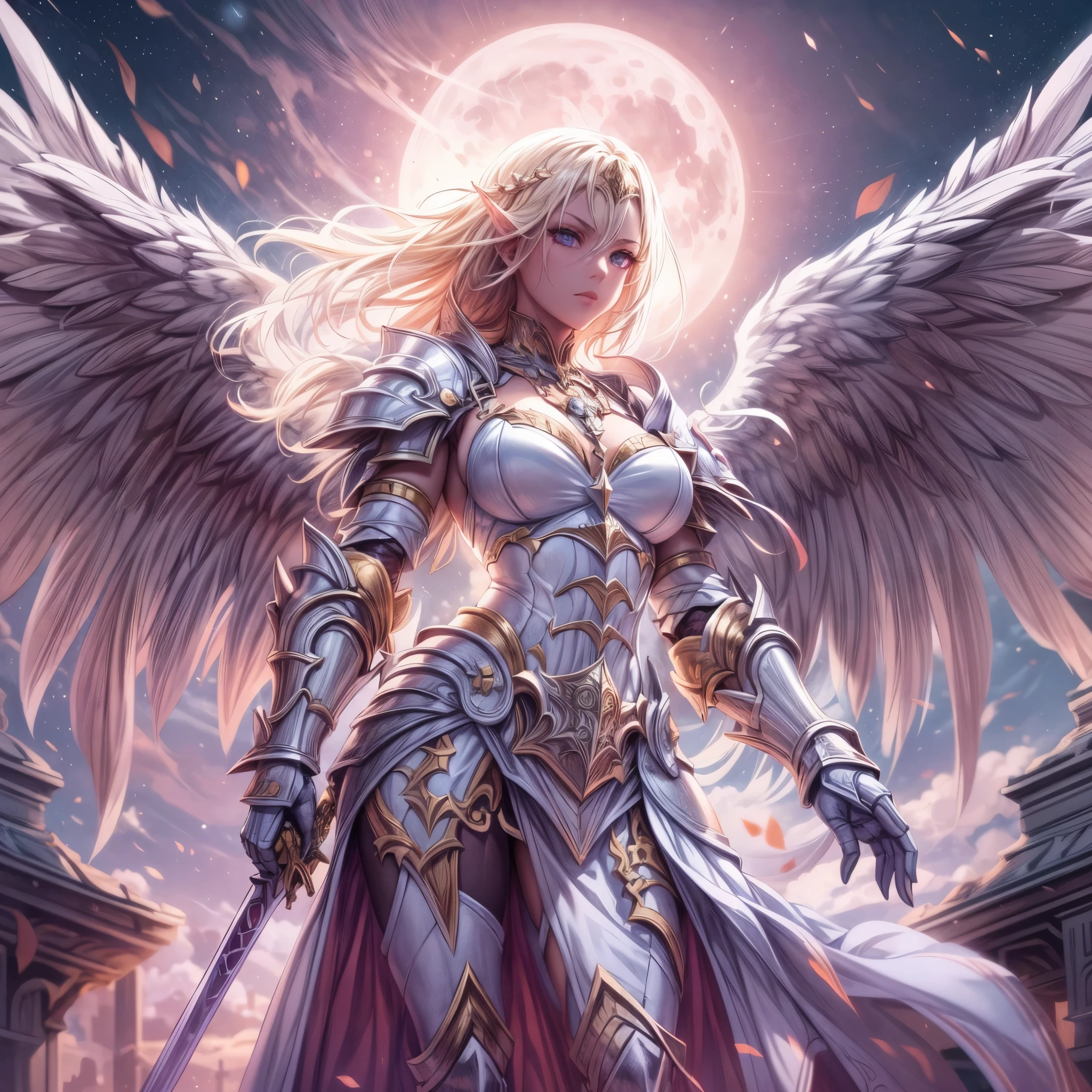 16K, ultra detailed, masterpiece, best quality, (extremely detailed), arafed, dnd art, portrait, full body, aasimar, female, (Masterpiece 1.3, intense details), female, paladin, holy warrior fighting undead (Masterpiece 1.3, intense details) large angelic wings, white angelic wings spread (Masterpiece 1.3, intense details), dark fantasy cemetery background, moon light, moon, stars, clouds, wearing white armor (Masterpiece 1.3, intense details), holy symbol, armed with sword, short blond hair, masculine, detailed face, (Masterpiece 1.5, best quality), anatomically correct (Masterpiece 1.3, intense details), angel_wings, determined face, god rays, cinematic lighting, glowing light, silhouette, from outside, photorealism, panoramic view  (Masterpiece 1.3, intense details) , Wide-Angle, Ultra-Wide Angle, 8k, highres, best quality, high details