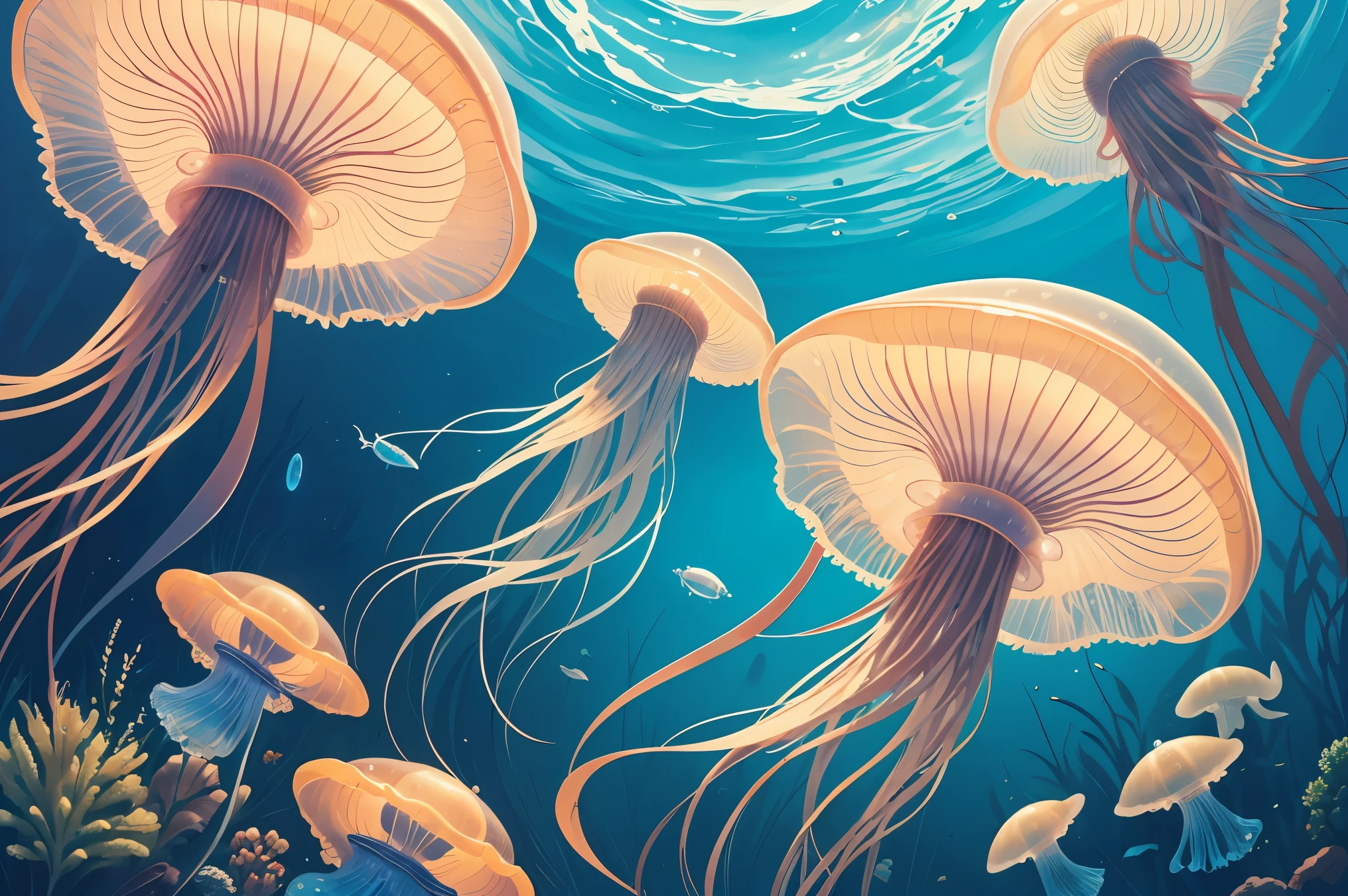 masterpiece, best quality, Jellyfish, invertebrates, flat color, oil painting style