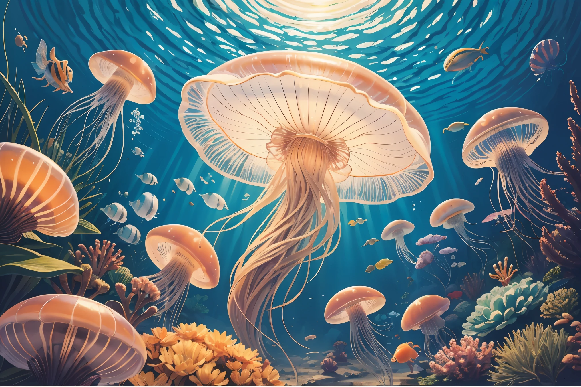 masterpiece, best quality, Jellyfish, invertebrates, flat color, oil painting style