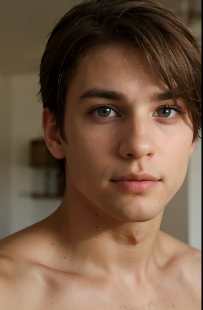 Ian man spanish, 22 yo, light brown hair, green eyes, background : realistic home, not blur, pov, realistics and symmetricals eyes (perfect eyes), anaglyphe
