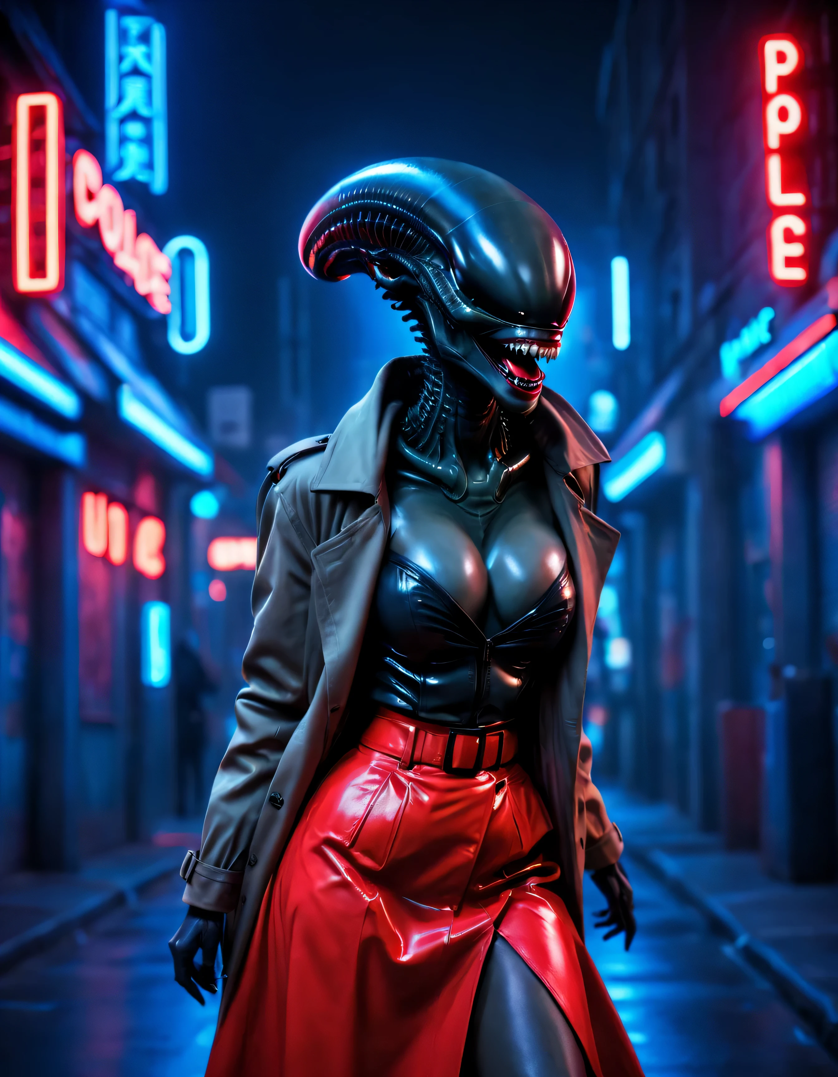 photo, female xenomorph in dynamic pose, laughing, cyberpunk street, wearing trench-coat, red-skirt and black tube top (red-lips:.9), at night, blue police lights, vibrant-neon signs, high saturation, highres, ultra-detailed, high-quality