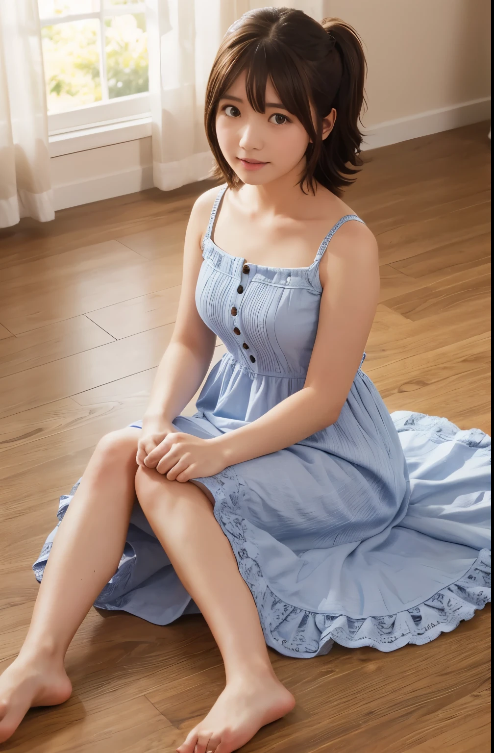 mirai kasuga (million live), 1 girl, Solo, Cute Girl, Best Quality, Ultra-detailed, 8K, High resolution, Detailed face, sitting on the floor, looking at viewer, (((scared:1.5, embarrassed, blush))), covering the chest by hand, ((light blue dress, sun dress, barefoot)),