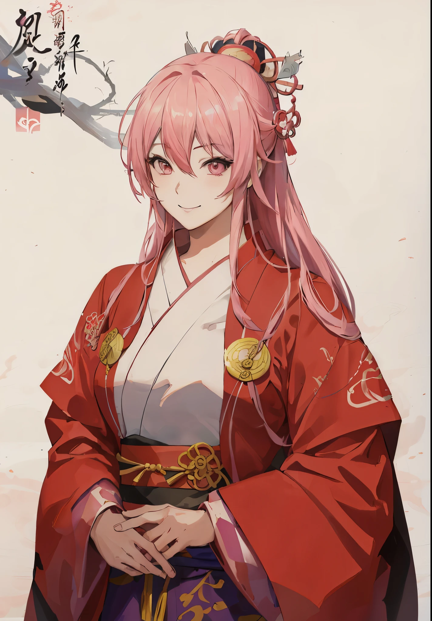 Anime character with pink hair and red kimono, guweiz on pixiv artstation, Guweiz on ArtStation Pixiv, guweiz, Popular topics on artstation pixiv, zero art, Produced by Anime Painter Studio, guweiz style artwork, Beautiful anime portrait, Detailed anime character art, Clean and detailed anime art,Three Kingdoms style,Three Kingdoms Unparalleled Style,Smile
