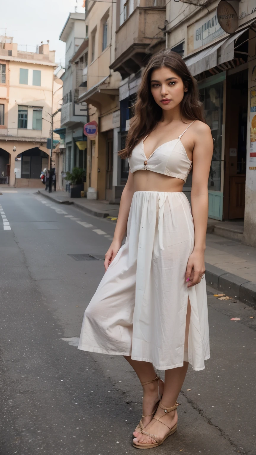 , indian model , almond eyes, green eyes, long hair, [curly hair], eye shadow makeup, 162cm tall, oval face, snub nose, heart-shaped lips, arched eyebrowsuality)), ((masterpiece)), (detailed) ,setting in indian streets ,wearing simple traditional drees, and wearing Sandel on foot 

 
