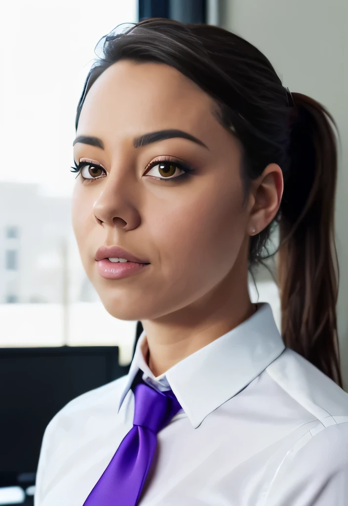 masterpiece, lifelike ((upper body image)) of AubreyPlaza, frowning, photo realistic, highly detailed, detailed face, ((hair in a ponytail)), windswept, dramatic lighting , wearing a white blouse and a purple tie, in her office