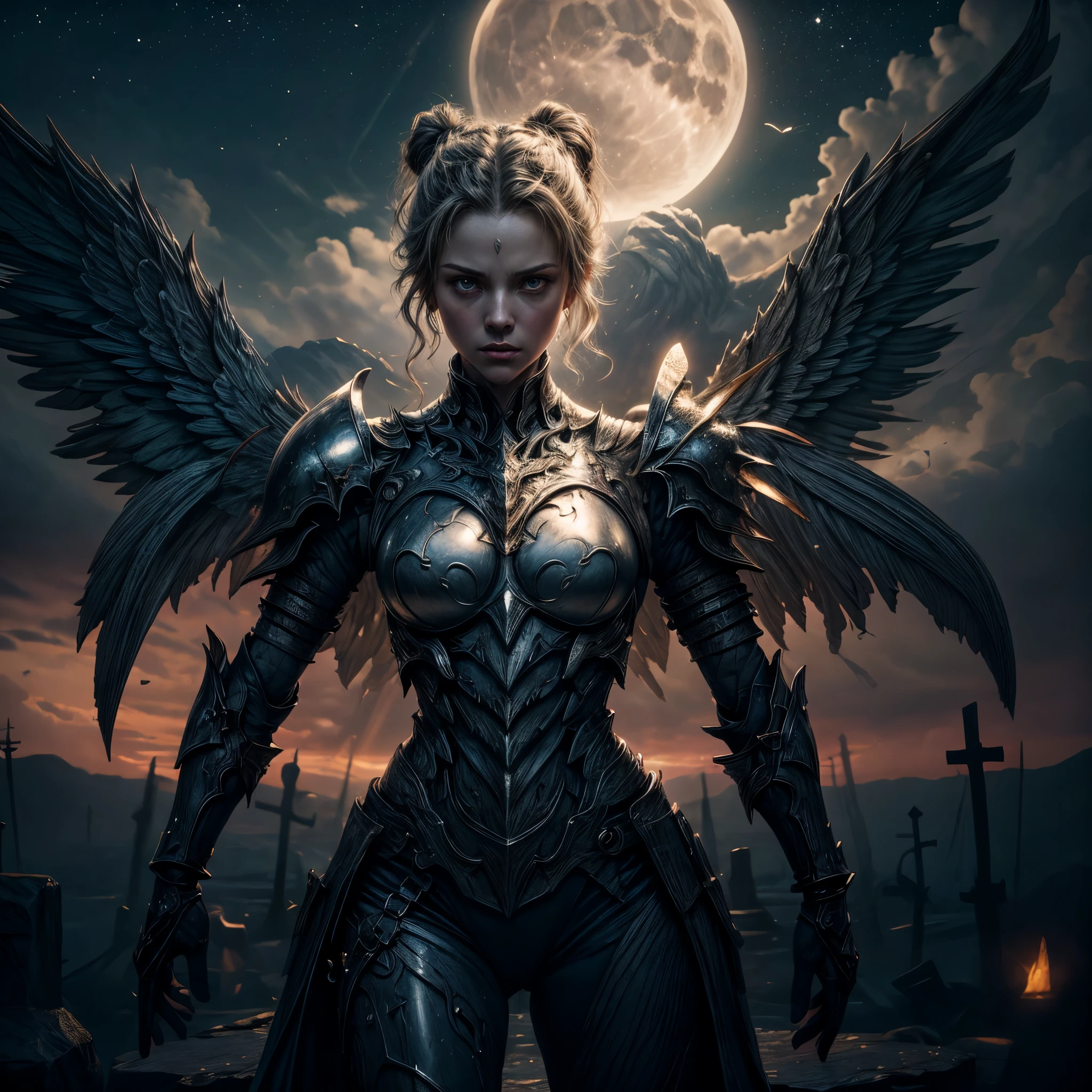 16K, ultra detailed, masterpiece, best quality, (extremely detailed), arafed, dnd art, portrait, full body, aasimar, female, (Masterpiece 1.3, intense details), female, paladin, holy warrior fighting undead (Masterpiece 1.3, intense details) large angelic wings, white angelic wings spread (Masterpiece 1.3, intense details), dark fantasy cemetery background, moon light, moon, stars, clouds, wearing white armor (Masterpiece 1.3, intense details), holy symbol, armed with sword, short blond hair, masculine, detailed face, (Masterpiece 1.5, best quality), anatomically correct (Masterpiece 1.3, intense details), angel_wings, determined face, god rays, cinematic lighting, glowing light, silhouette, from outside, photorealism, panoramic view  (Masterpiece 1.3, intense details) , Wide-Angle, Ultra-Wide Angle, 8k, highres, best quality, high details