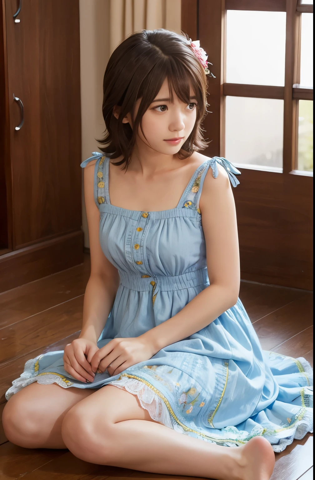 mirai kasuga (million live), 1 girl, Solo, Cute Girl, Best Quality, Ultra-detailed, 8K, High resolution, Detailed face, sitting on the floor, looking at viewer, (((scared:1.5, embarrassed, blush))), covering the chest by hand, ((light blue dress, sun dress, barefoot)),