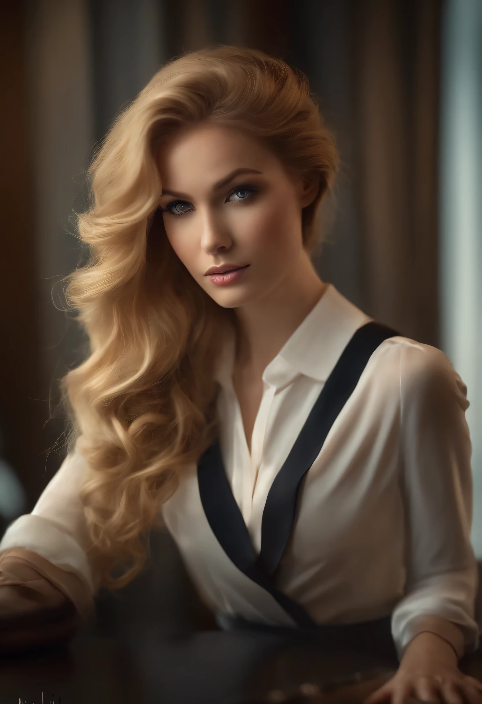 professionnel, (Photo 4k:1.1), (Anna Dittmann:0.3), (Marque Ariane:0.3), (acuity:1.3), high detail, porter des vêtements de travail à la mode, Beautiful detailed face, des yeux noisette, longs cheveux blonds avec une frange, forme du corps, bureau avec bureau, with windows