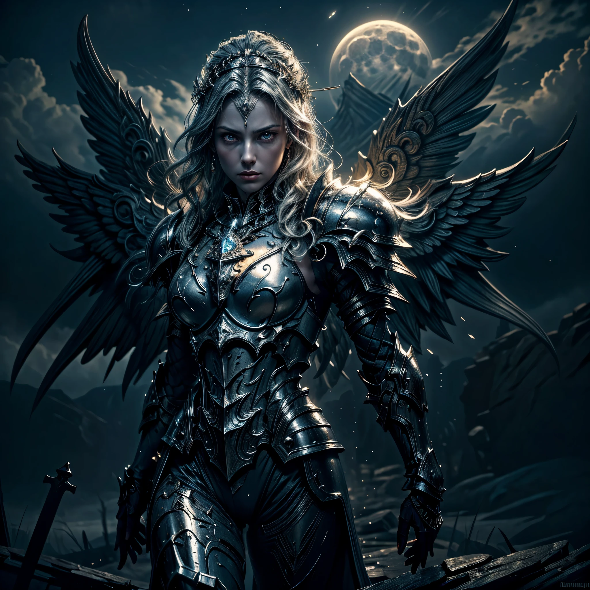 16K, ultra detailed, masterpiece, best quality, (extremely detailed), arafed, dnd art, portrait, full body, aasimar, female, (Masterpiece 1.3, intense details), female, paladin, holy warrior fighting undead (Masterpiece 1.3, intense details) large angelic wings, white angelic wings spread (Masterpiece 1.3, intense details), dark fantasy cemetery background, moon light, moon, stars, clouds, wearing white armor (Masterpiece 1.3, intense details), holy symbol, armed with sword, short blond hair, masculine, detailed face, (Masterpiece 1.5, best quality), anatomically correct (Masterpiece 1.3, intense details), angel_wings, determined face, god rays, cinematic lighting, glowing light, silhouette, from outside, photorealism, panoramic view  (Masterpiece 1.3, intense details) , Wide-Angle, Ultra-Wide Angle, 8k, highres, best quality, high details