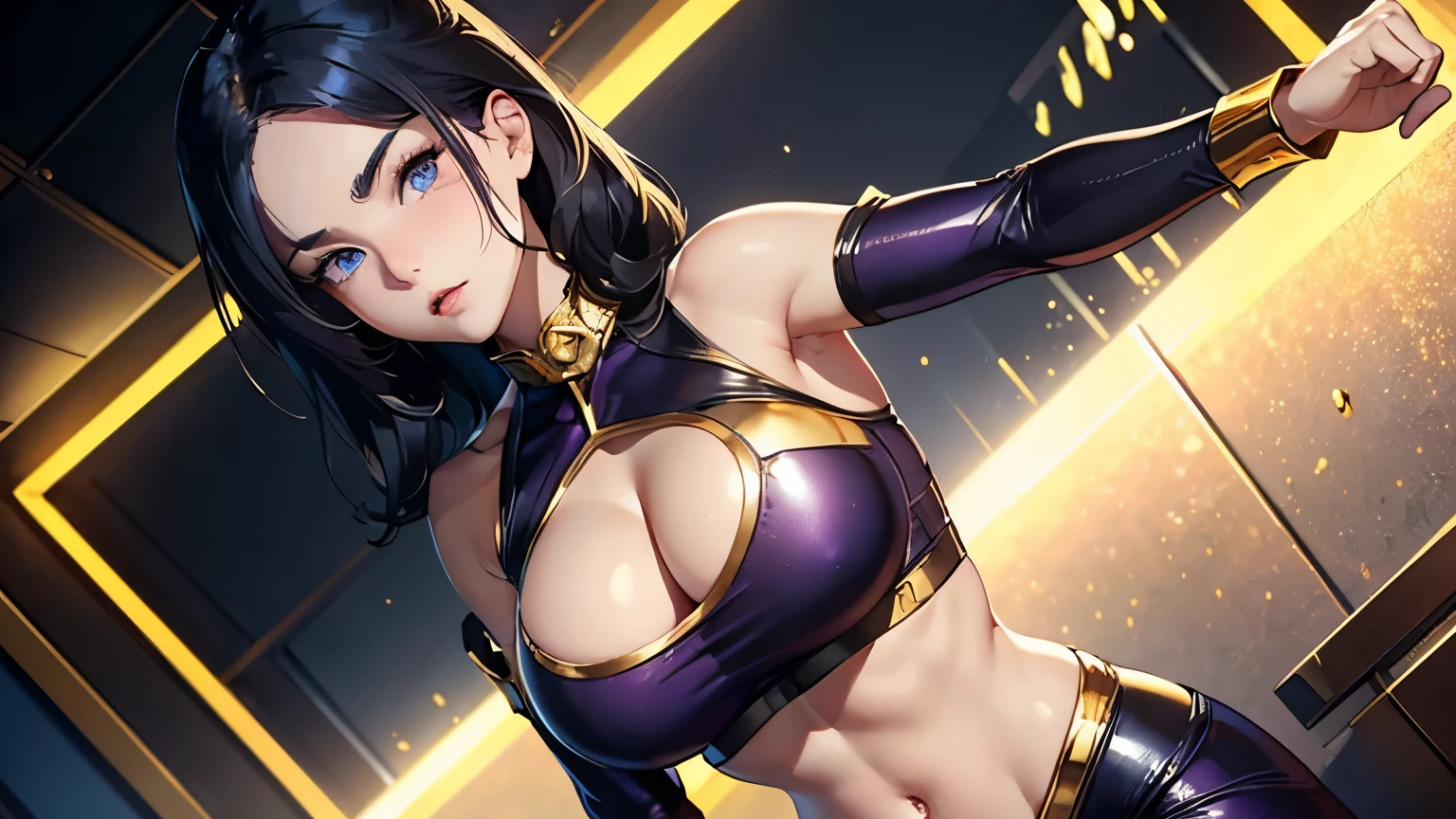 4K, A high resolution, Best quality at best, masterpiece, perfect colors, perfect shadow, perfect litthing, ((sportrait)), 1woman, fit body, heterochromia eyes,dark blue hair , blue eyes, With round lenses, The audience watched carefully, (s face: 1.2), Perfect female figure, ((dynamic pose)), ((gold and purple Tight crop top gold andpurple leather suit)), ((shy and looking at viewert)), (Perfect thick white eyebrows) Delicate fur, 详细s face, s the perfect face, , (dynamic pose), big breast, open half breast