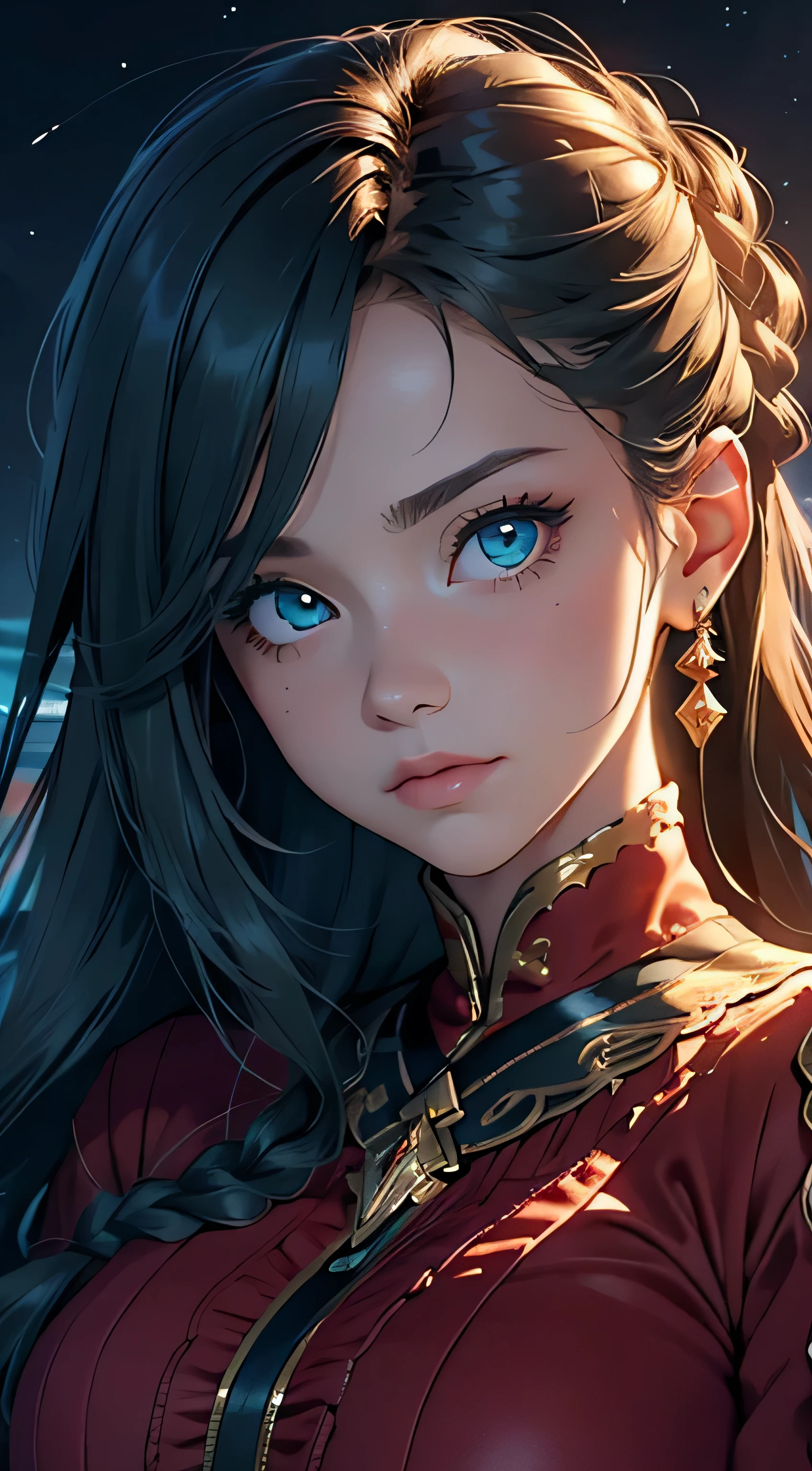 (masterpiece),best quality, cute girl, gorgeous, cute girl, perfect face, expressive eyes, (((extreme shading, semi-realistic, perfect light))), ((night, cozy, warm colors)), red dress, sensual, braid, detailed hair, amazing hair, 4k, stunning eyes, green hair, blue eyes, semi-realistic, gentle, feminine, delicate, ephemeral,(soft), ultra-detailed, vivid colors, abstract background, elegant, class, BREAK she is embarassed, she is blushing, she is beauitful, cute image, the image has dramatic light, the girl has soft hair