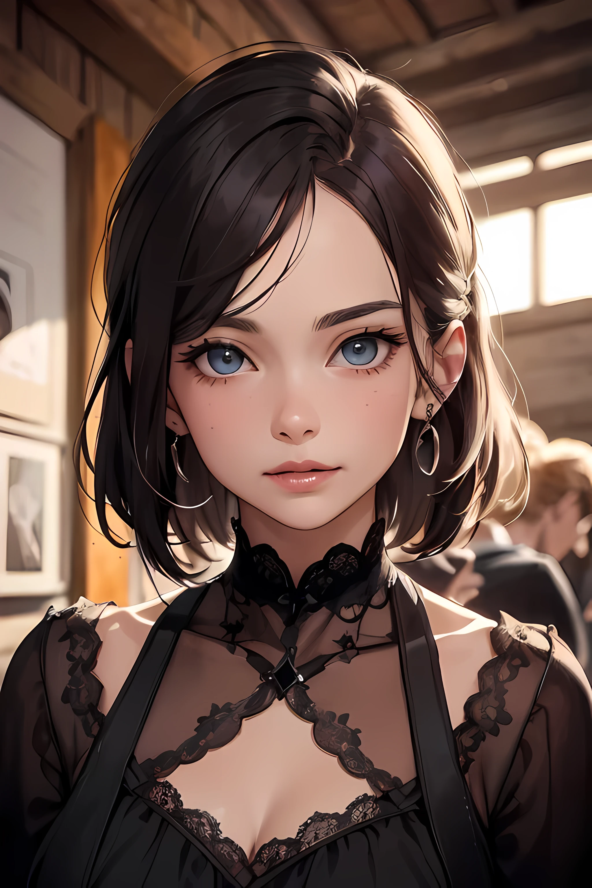 Hogwarts student girl, slytherin student, Ultra detailed beautiful woman, voluminous breasts, of a 20-year-old woman, Stunningly beautiful, black color hair, straight hairstyle, blue color eyes, very long eyelashes, Stunningly beautiful face, holographic, ultra detailed illustration, hit definition, Very bold and bright colors, 32K resolution, hogwarts wear, Best Quality, voluminous lighting, masterpiece, ultra realistic , High-quality detailing