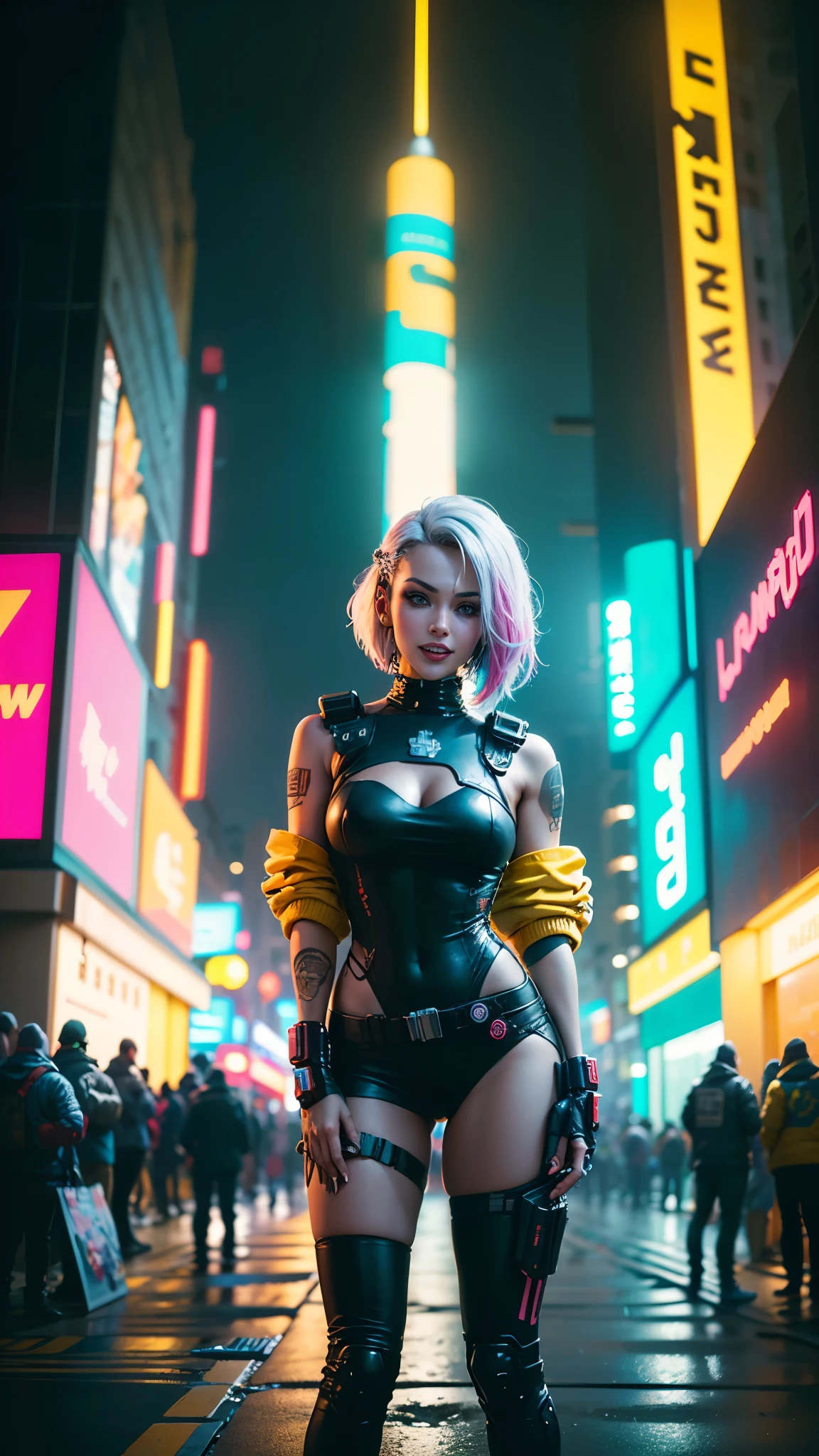 (1 chica cyberpunk con un colorido traje pop estilo Harajuku)), (((Mirando hacia arriba))), tiro de vaquero, viento, pelo despeinado, ((Paisaje urbano de Cyberpunk 2077)), (Cyberpunk aesthetics and atmosphere:1.3), (Blade Runner), colores brillantes, sonriente, ((cinematic lighting))