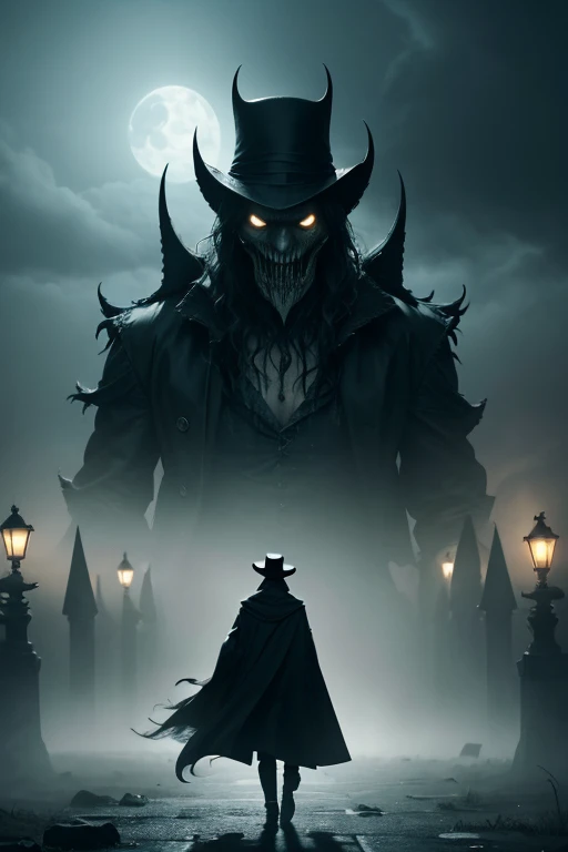 (illustration, painting, caricature, drawn with pencil best quality, 4k, high resolution: 1.2), young adult man with top hat and gray cape, lamp in hand, green lamp light, far away, night, people walking on the street, (dark skin, dark skin: 1.1, tanned skin: 1.1), curly hair, back view, detailed face, detailed clothes, detailed surroundings, century 19th century, historical setting, (crowded, crowd: 1,1), ships, port, weather (rainy, humid), cold colors, wintry atmosphere, gloomy lighting, horizon, green lampposts, black frames, (best quality,highres:1.2),ultra-detailed,realistic,horrifying,fog,darkness,Mythical creatures,evil,ominous,monsters in the sky,lurking behind the mist,hidden creatures in the fog,dreadful,nightmarish sky,terrifying,creatures emerging from the mist,menacing,dark and mysterious ambiance,monstrous figures shrouded in fog,spooky,haunting,twisted forms in the clouds,nightmarish,horrifying creatures,foreboding,creatures of darkness,terrifying visage,powerful,mystical beings,frightening,nebulous landscape,sinister,dark silhouette,wicked,ethereal mist,enigmatic,ghastly apparitions,shadowy,dreadful beasts,horrific,faint glimpse of monstrous shapes,bone-chilling atmosphere,beings from the abyss,supernatural,ghoulish faces peering through the haze,macabre,creepy,ominous presence,terrifying creatures,ghastly,shadows lurking in the mist,nefarious.