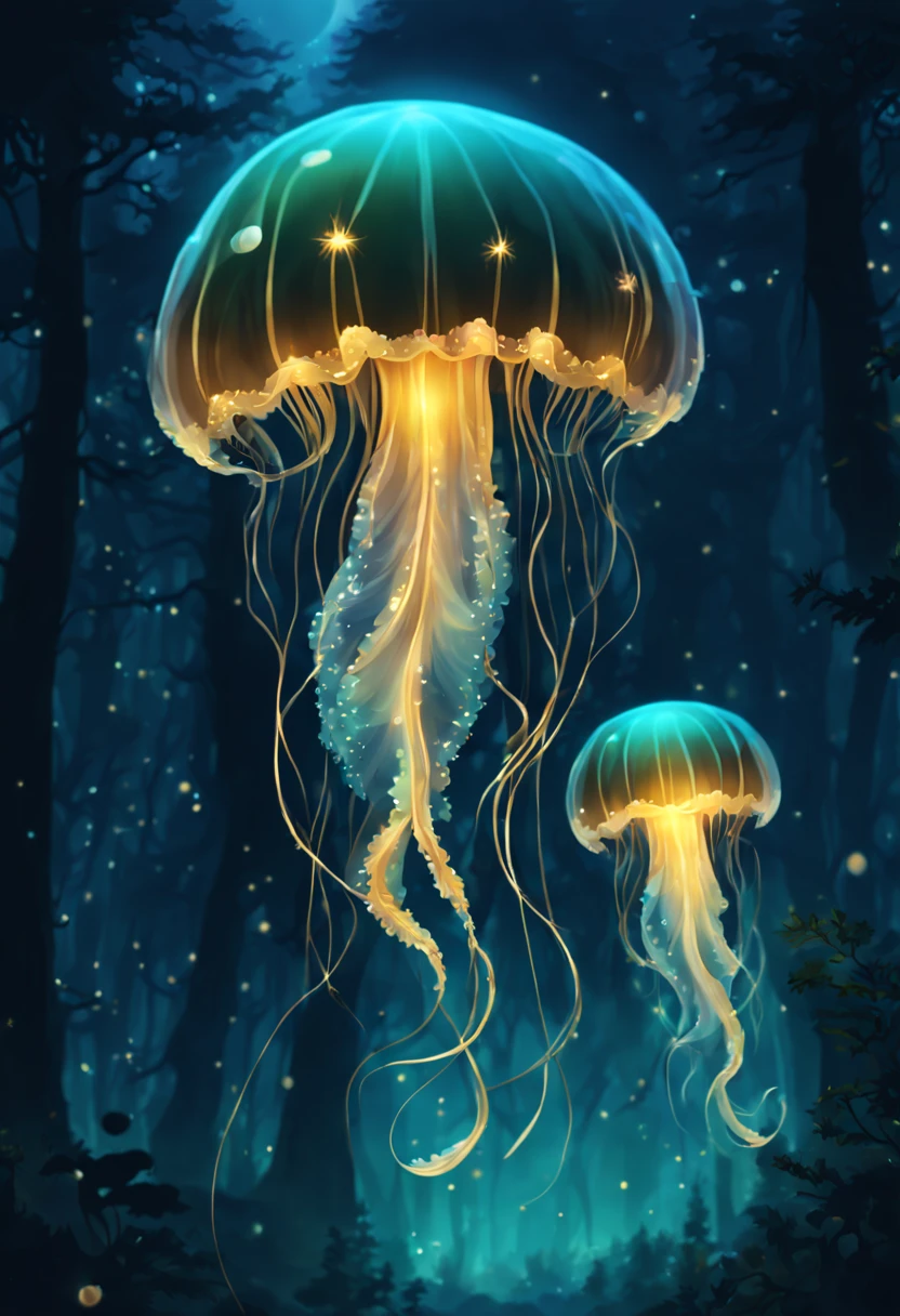 Jellyfish Flying in the Forest. At Dark Night. Bioluminescent. Gildings. Sparkling Eyes. Gold particles. Chaotic lines. Fantasy Madness. Nature Overload. Chaotic Outlines. Other world magic, (Bioluminescence:1.2)