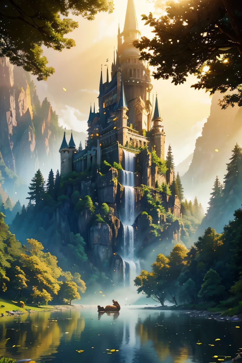 highres,the king of forests,detailed,fantasy landscape,huge ancient trees,majestic mountains,golden sunlight,thick mist,majestic river,cascading waterfalls,vibrant foliage,enchanted atmosphere,floating islands,magical creatures,serene tranquility,mythical realm,numerous animals,peaceful harmony,majestic lion,graceful deer,playful monkeys,colorful birds,lush greenery,ethereal glow,ancient ruins,hiding treasures,dappled shadows,mysterious fog,twinkling fireflies,majestic castle,serene lake,whispering winds,serenity reflection,enchanted forest,floating petals,fairy tale,enchanting beauty,hidden paths,magical portal,divine presence