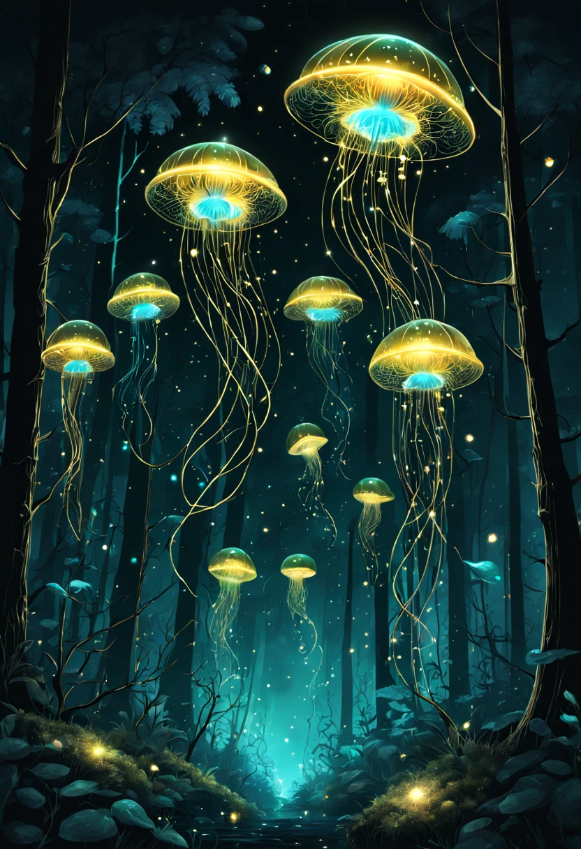 Jellyfish Flying in the Forest. At Dark Night. Bioluminescent. Gildings. Sparkling Eyes. Gold particles. Chaotic lines. Fantasy Madness. Nature Overload. Chaotic Outlines. Other world magic, (Bioluminescence:1.2)