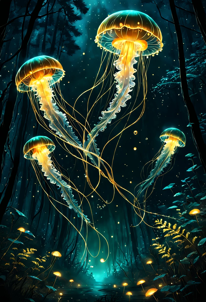 Jellyfish Flying in the Forest. At Dark Night. Bioluminescent. Gildings. Sparkling Eyes. Gold particles. Chaotic lines. Fantasy Madness. Nature Overload. Chaotic Outlines. Other world magic, (Bioluminescence:1.2)