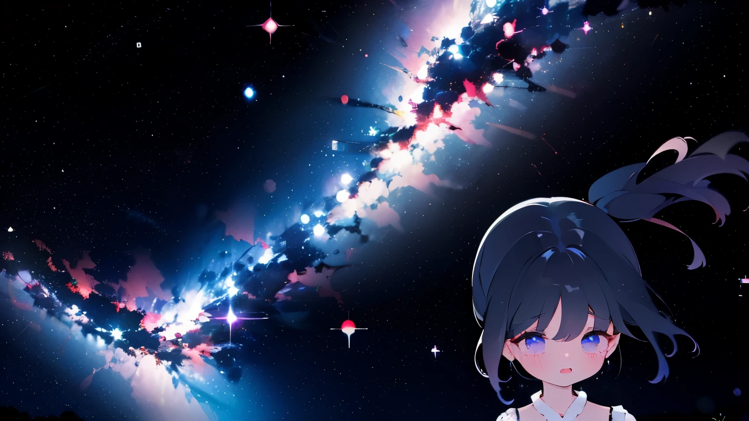 Milky Way, stars, night sky, crying 9y girl see side, black pigtails, tears