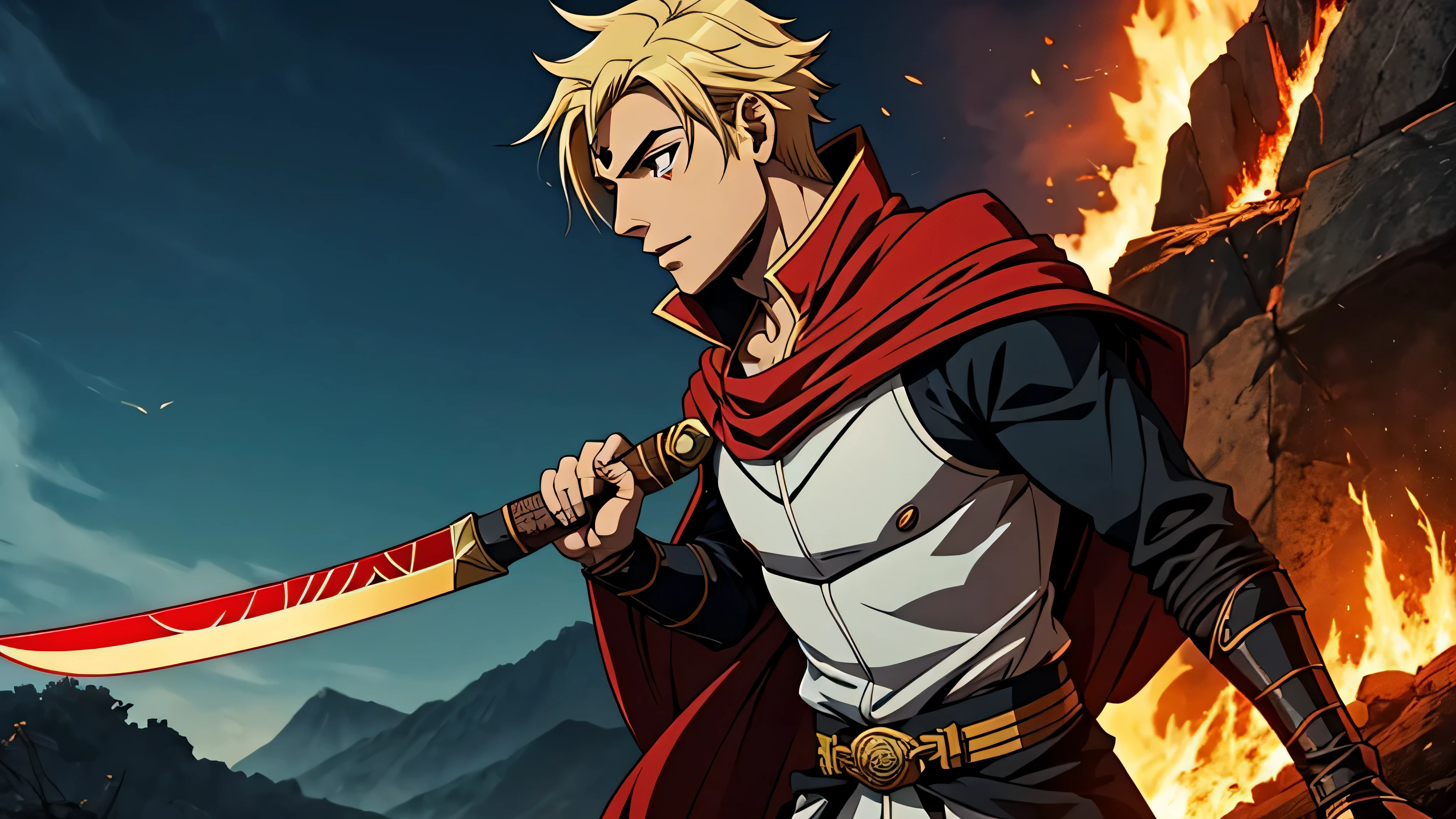garoto de anime, gerreiro com espada, Hero, fundo vermelho, fogo