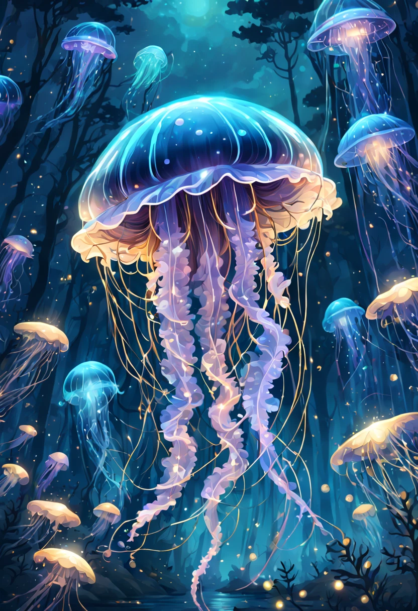 Jellyfish Flying in the Forest. At Dark Night. Bioluminescent. Gildings. Sparkling Eyes. Gold particles. Chaotic lines. Fantasy Madness. Nature Overload. Chaotic Outlines. Other world magic, (Bioluminescence:1.2)