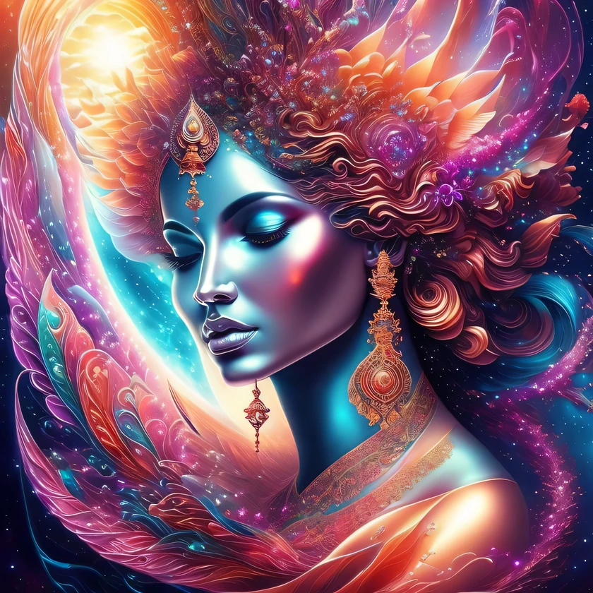 Diving Into The Ether Flowing with The Eternal Soul Through Vibration of love, everything is connected, Flowing energy, Spiritual, Divine, Dreamlike, cosmic, concept-art, mind blowing, Feminine beauty, God, pineal gland, DreamlikeArt