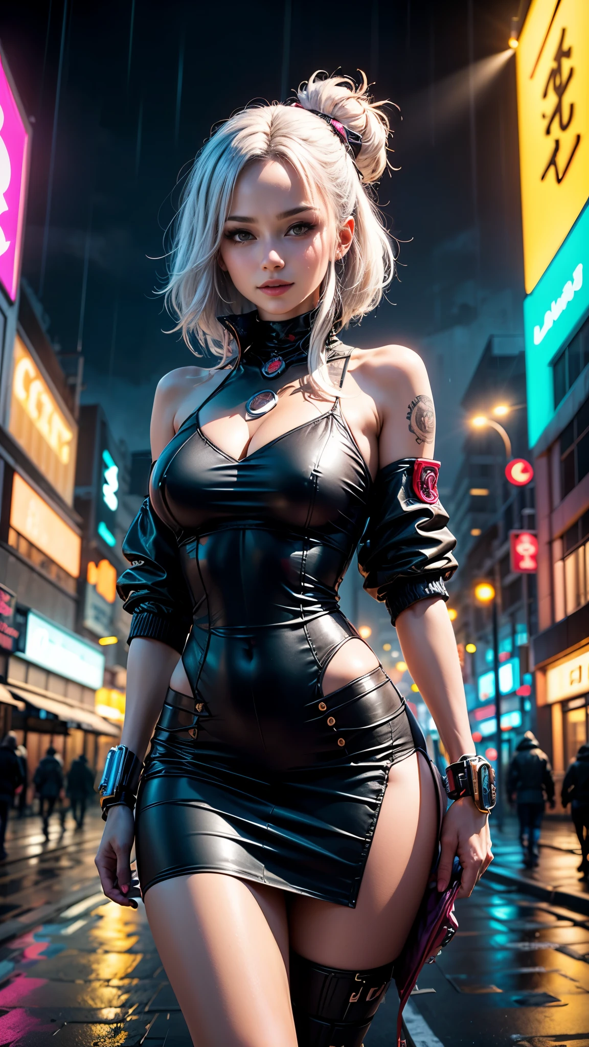 (1 chica cyberpunk con un colorido traje pop estilo Harajuku)), (((It&#39;s night and it&#39;s raining))), (((Mirando hacia arriba))), tiro de vaquero, viento, pelo despeinado, ((Paisaje urbano nocturno  de Cyberpunk 2077)), (Cyberpunk aesthetics and atmosphere:1.3), (Blade Runner), colores brillantes, sonriente, ((cinematic lighting))