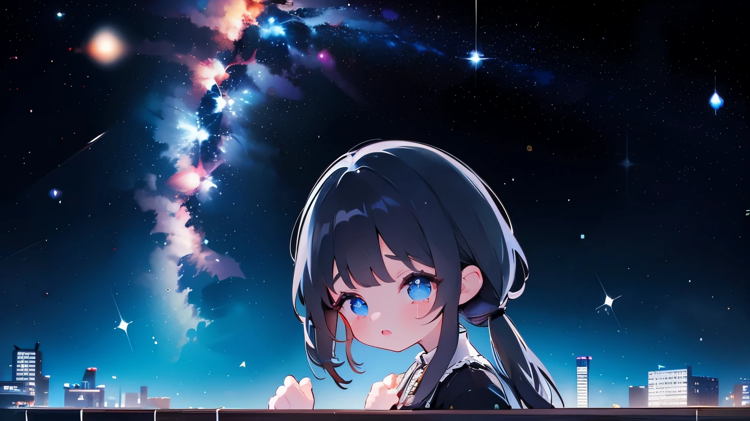 Milky Way, stars, night sky, crying 9y girl see side, black pigtails, tears