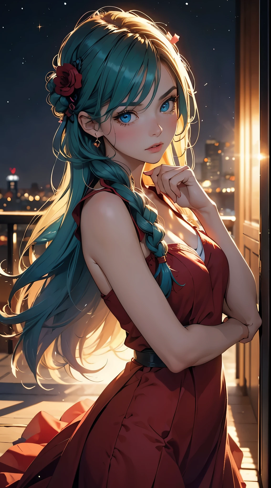 (masterpiece),best quality, cute girl, gorgeous, cute girl, perfect face, expressive eyes, (((extreme shading, semi-realistic, perfect light))), ((night, cozy, warm colors)), red dress, sensual, braid, detailed hair, amazing hair, 4k, stunning eyes, green hair, blue eyes, semi-realistic, gentle, feminine, delicate, ephemeral,(soft), ultra-detailed, vivid colors, abstract background, elegant, class, BREAK she is embarassed, she is blushing, she is beauitful, cute image, the image has dramatic light, the girl has soft hair