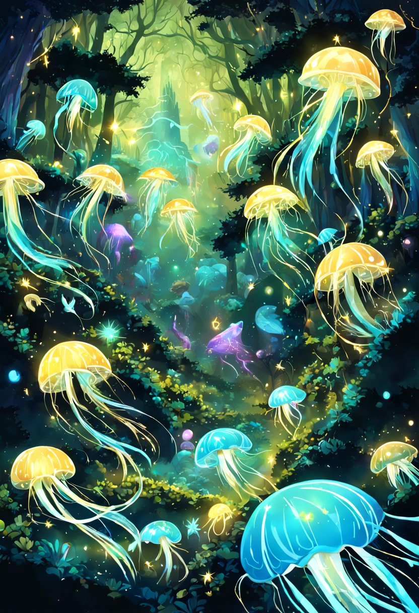 Jellyfish Flying in the Forest. At Dark Night. Bioluminescent. Gildings. Sparkling Eyes. Gold particles. Chaotic lines. Fantasy Madness. Nature Overload. Chaotic Outlines. Other world magic, (Bioluminescence:1.2)