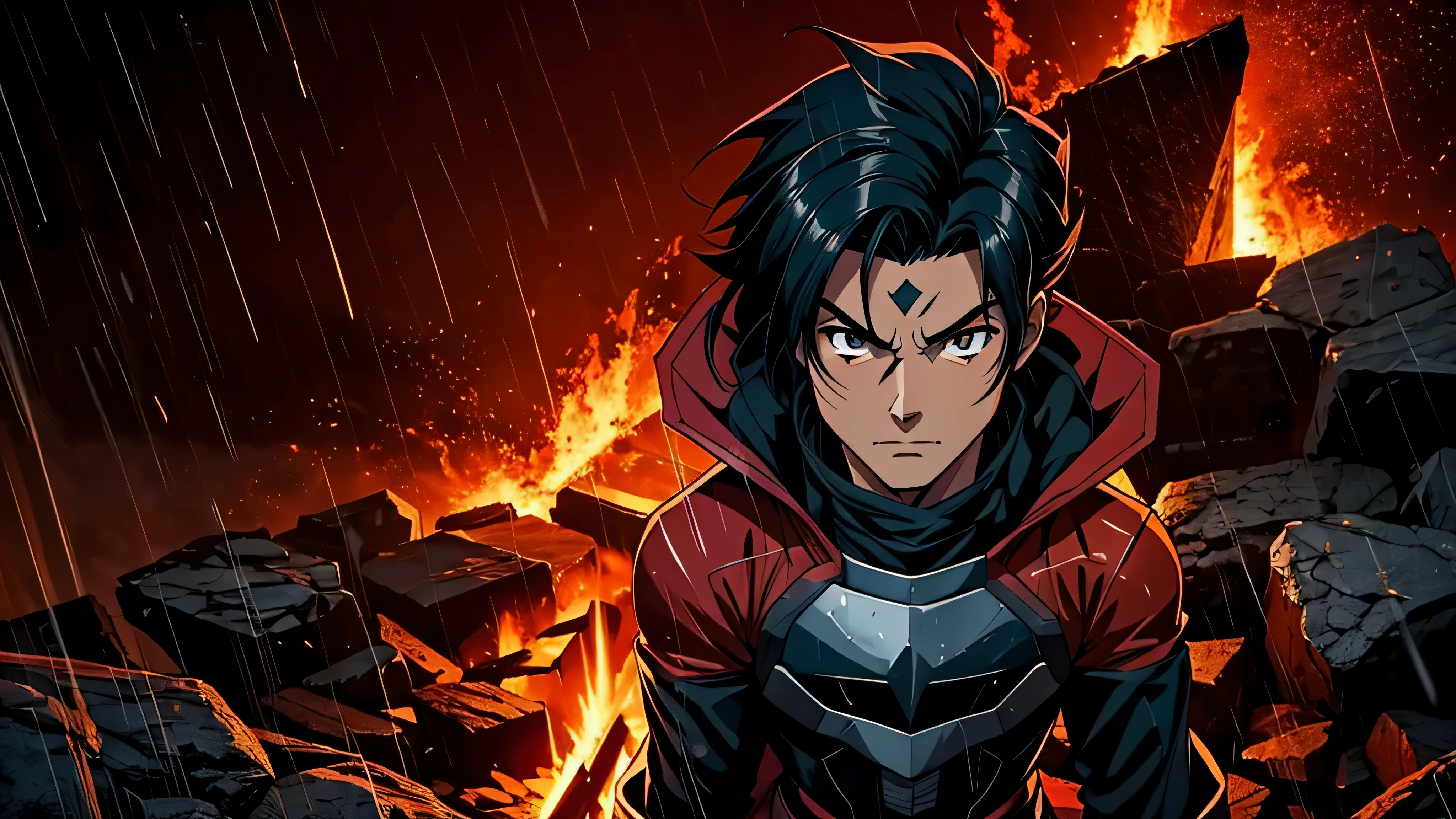 garoto de anime, Hero, fundo vermelho, fogo, raios, chuva