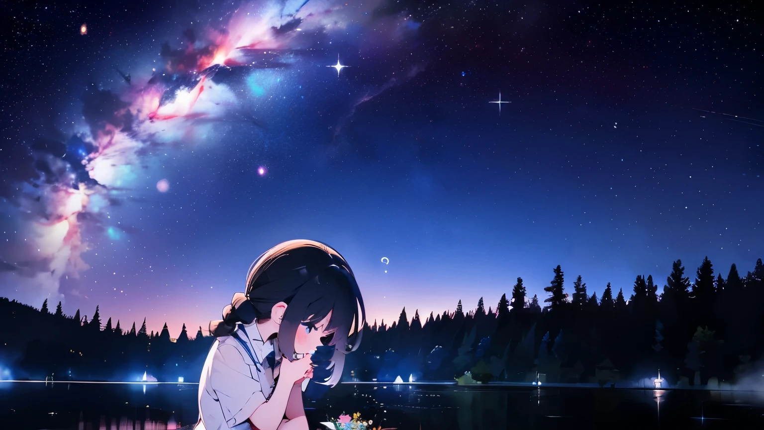 Milky Way, stars, night sky, crying 9y girl see side, black pigtails, tears