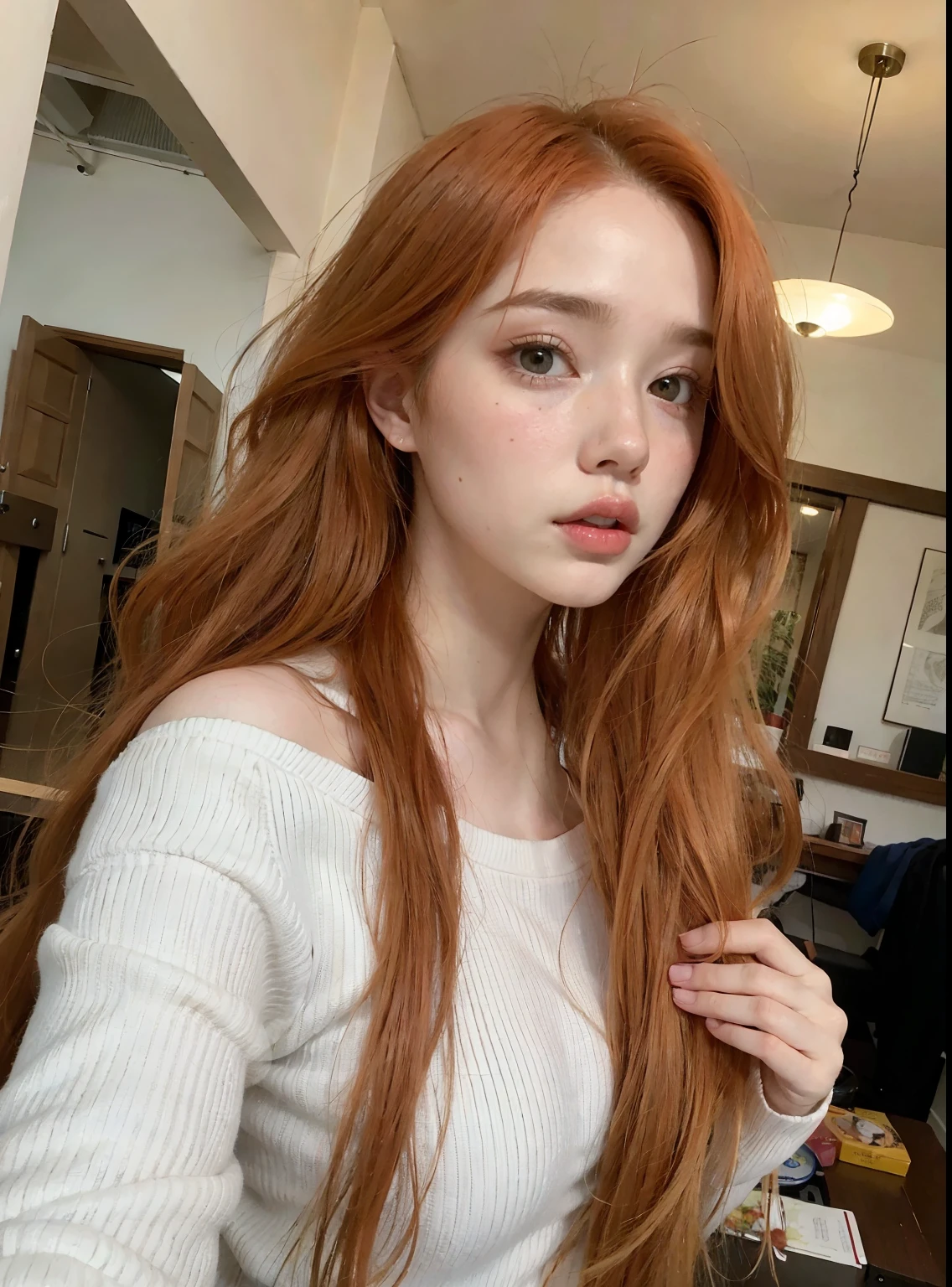 there is a woman with long red hair posing for a photo, fada ellie bamber, amoranto, cabelo ondulado ruivo, ellie bamber, with pale skin, 18 anos de idade, Angelawhite, Bela Delfina, Anna Nikonova aka Newmilky, natural soft pale skin, fair and pale skin!!, better known as amoranto, 1 6 anos