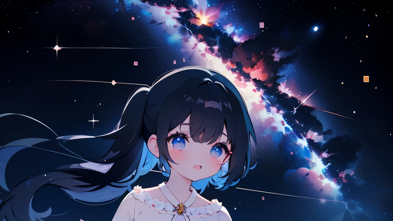 Milky Way, stars, night sky, crying 9y girl see side, black pigtails, tears