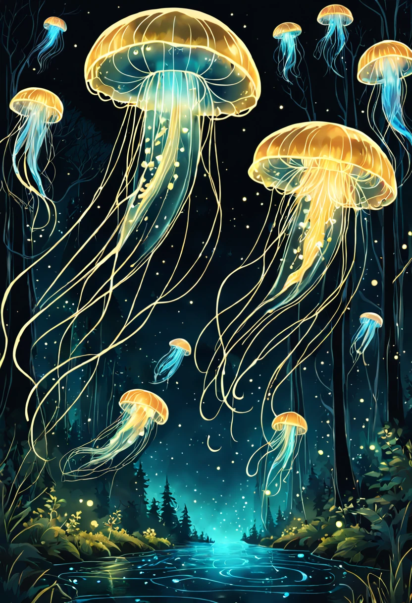 Jellyfish Flying in the Forest. At Dark Night. Bioluminescent. Gildings. Sparkling Eyes. Gold particles. Chaotic lines. Fantasy Madness. Nature Overload. Chaotic Outlines. Other world magic, (Bioluminescence:1.2)