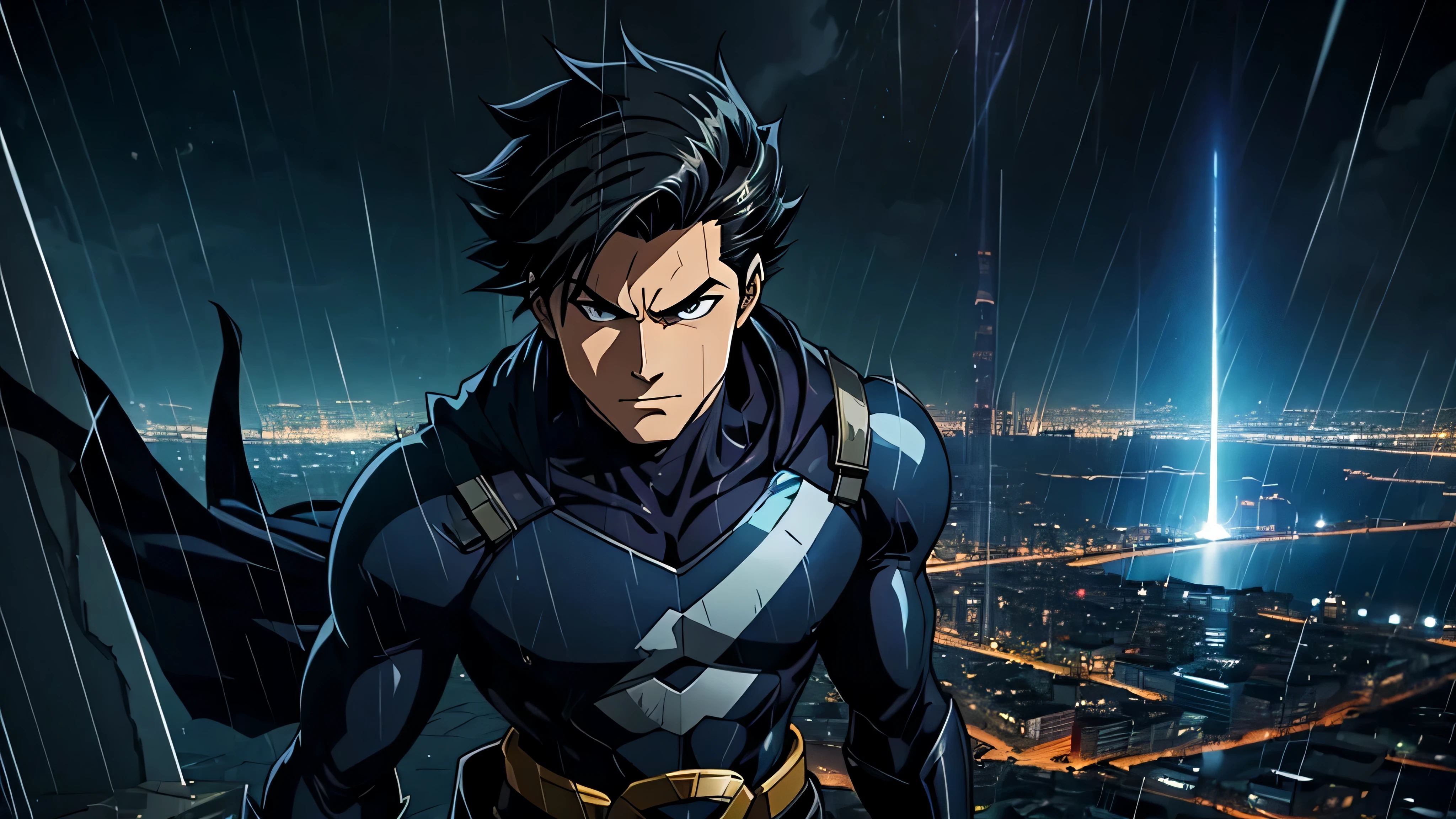 1male, , Low Black hair , black eyes, Black Body Suit , Advanced City Background , Black Body Suit Underneath , Muscular Build, spiky hair , baggy pants , Shortsleeves , Confident Expression , Blue Cloak